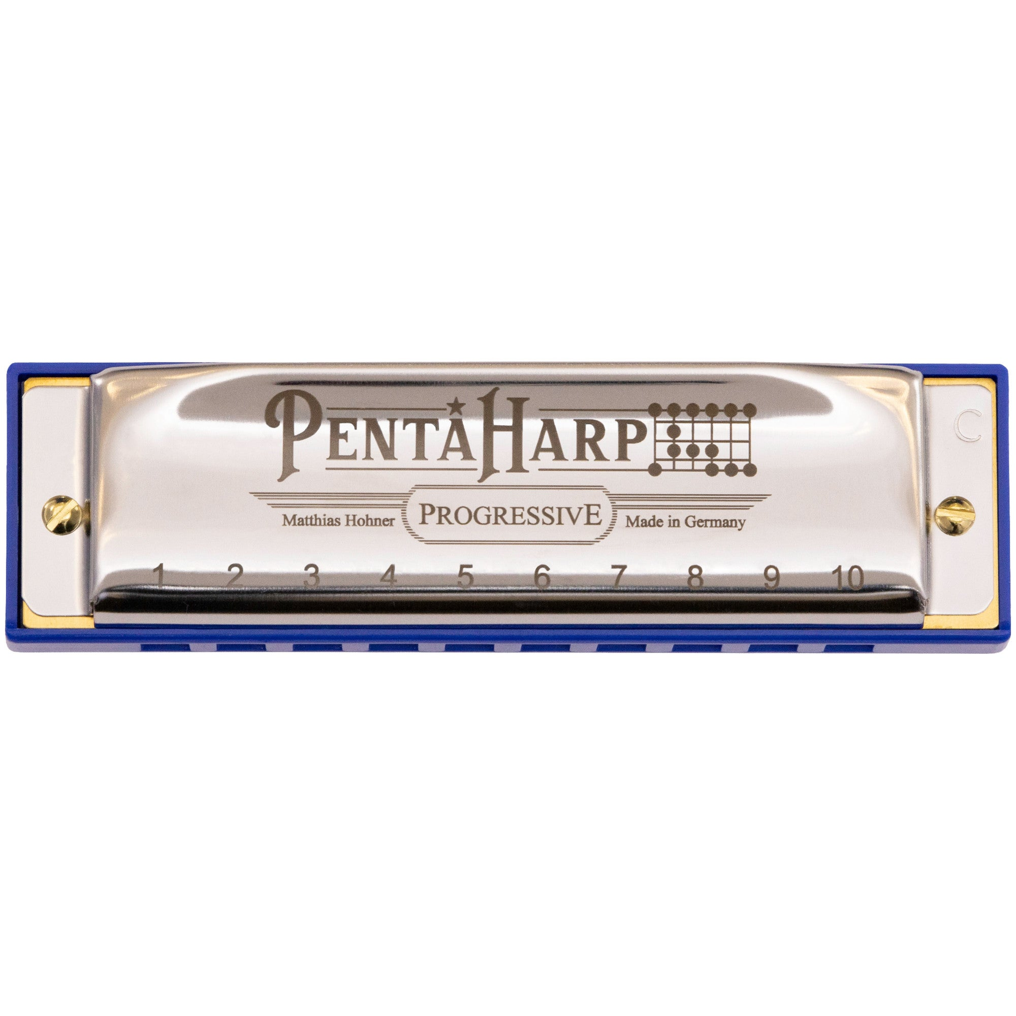 A silver harmonica with blue edges and numbers 1-10. Made in Germany.