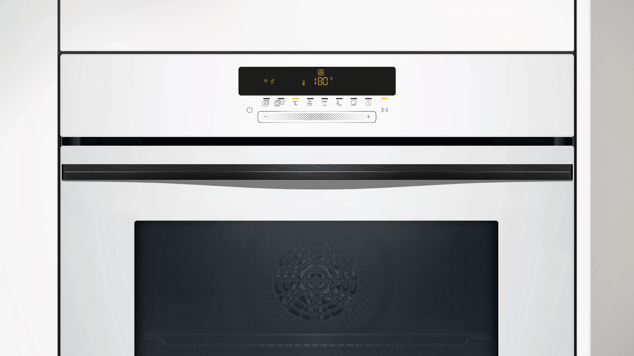 Pantalla de horno blanca que muestra 180 grados Celsius e iconos.