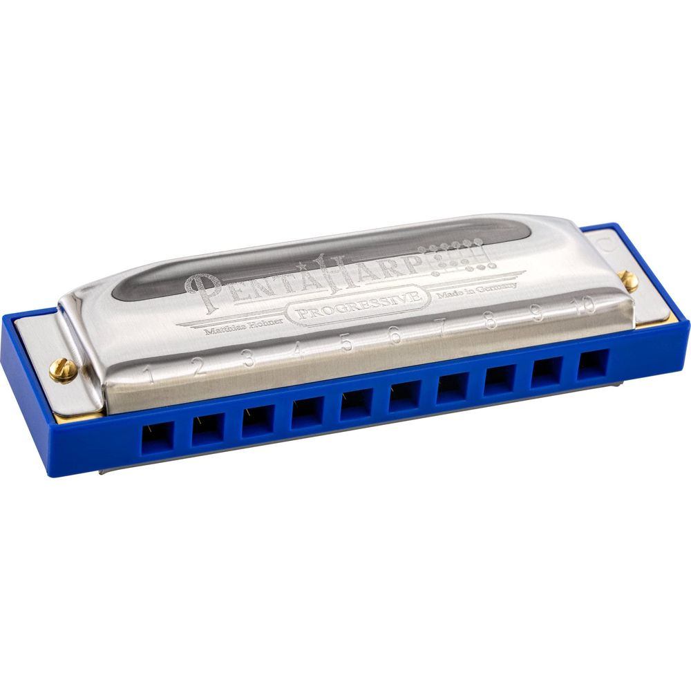 A blue harmonica with a silver cover and numbers.