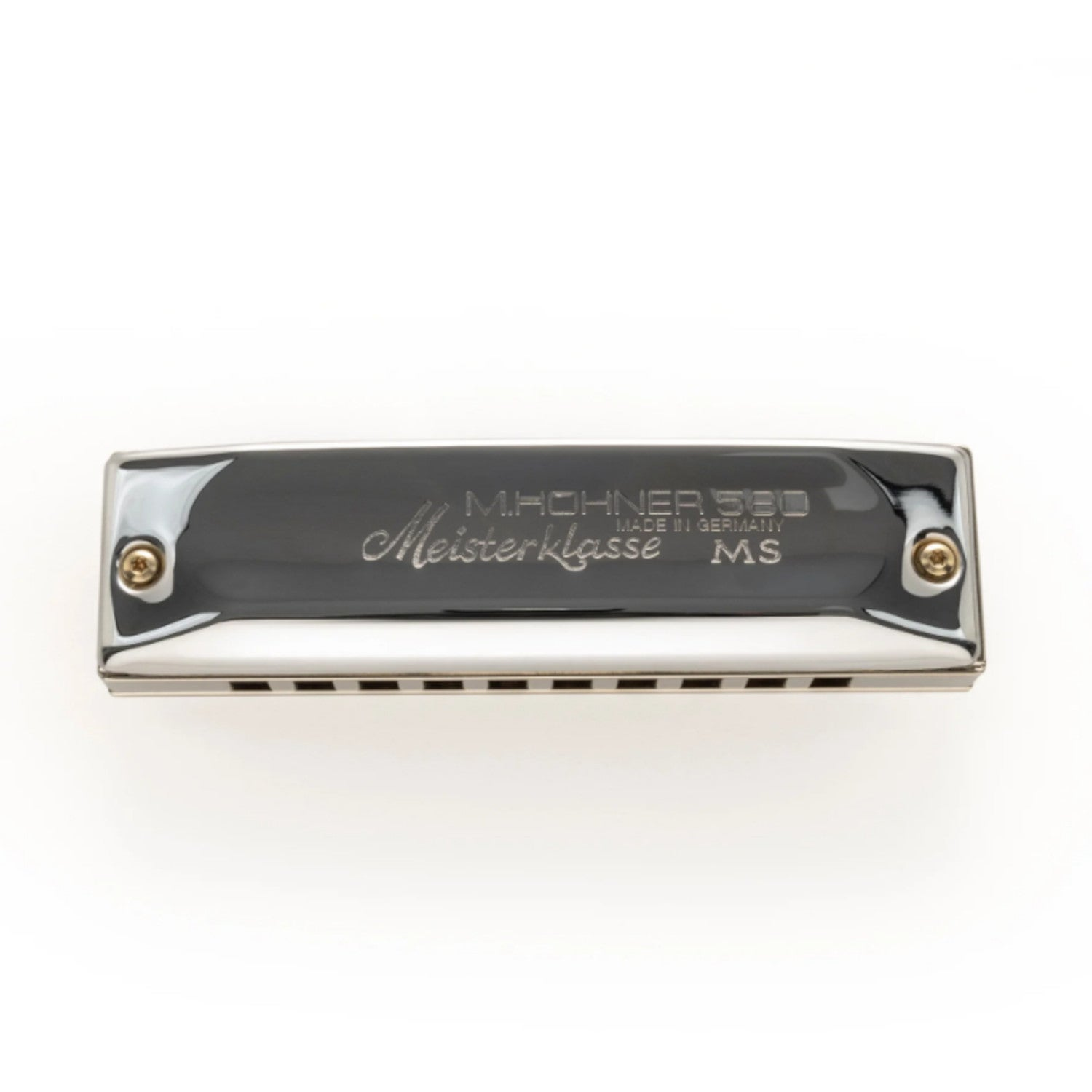 Een zilveren mondharmonica met "Meisterklasse" en "Made in Germany" erop.