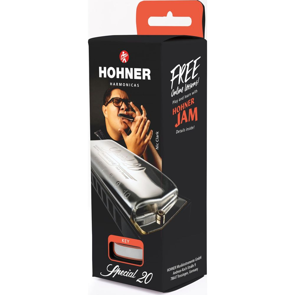 Hohner Special 20 mondharmonica verpakking met afbeelding van spelende man.