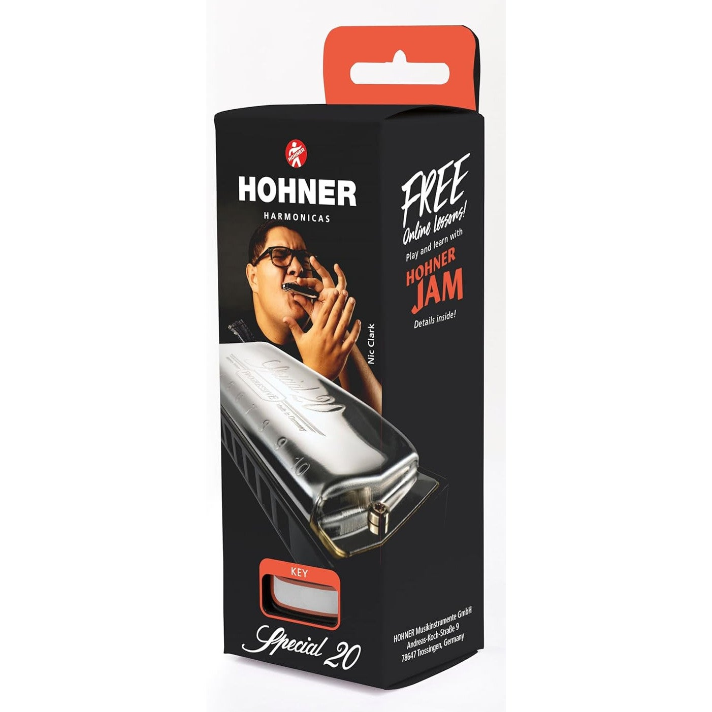 Hohner Special 20 mondharmonica verpakking met afbeelding van spelende man.