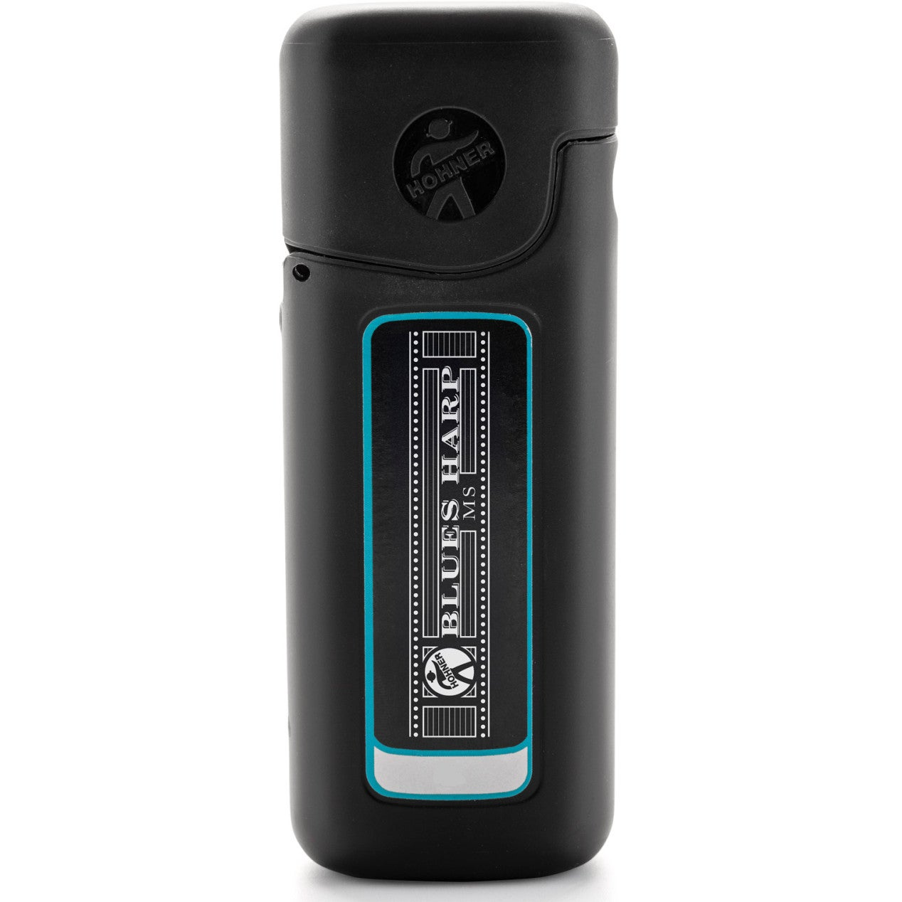 Een zwarte Hohner Blues Harp MS koffer met Hohner logo en tekst.