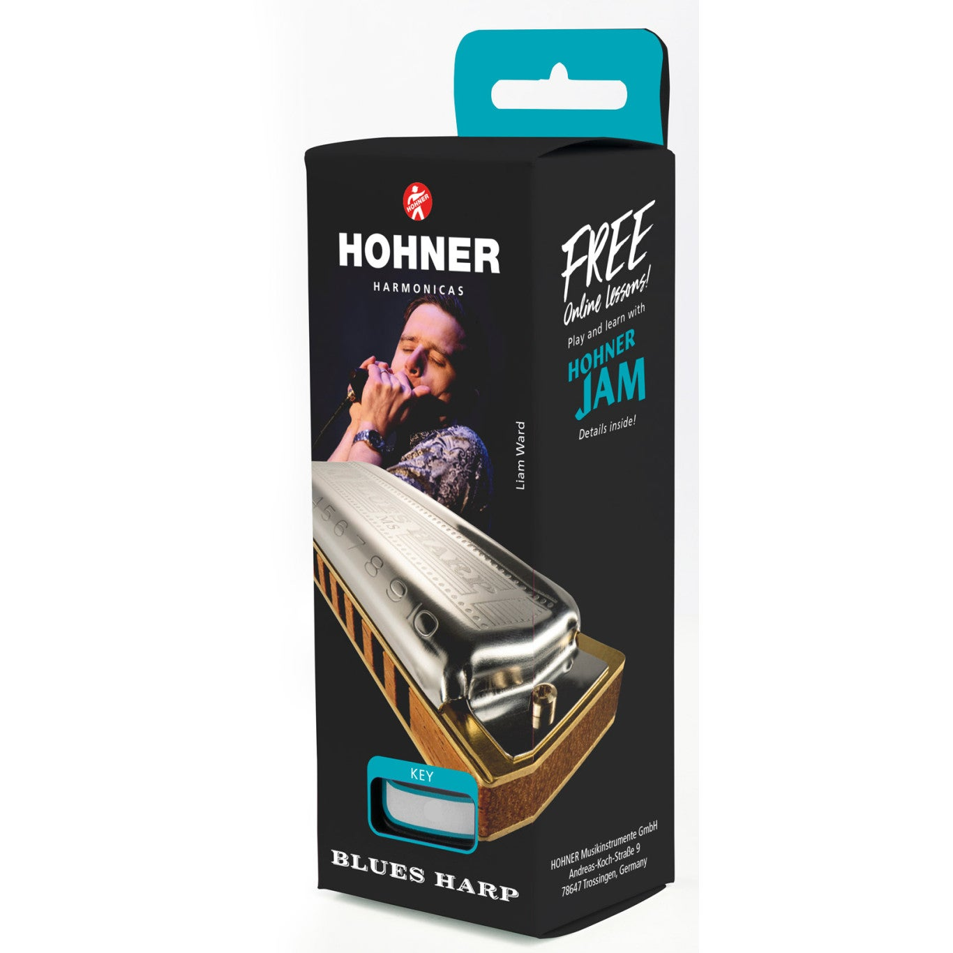 Hohner Blues Harp doos met afbeelding van man die mondharmonica speelt. Gratis lessen.