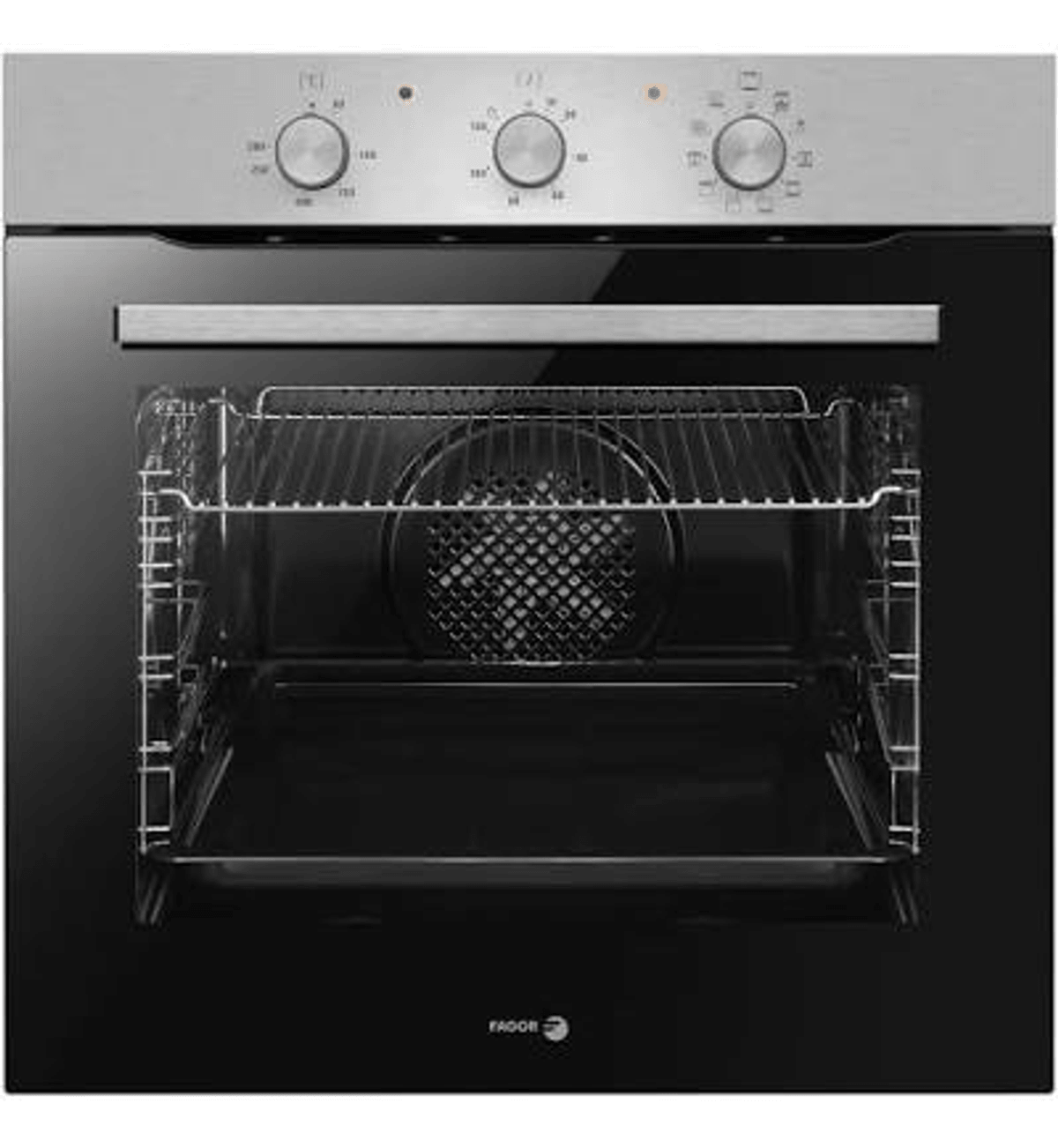 Un horno Fagor de acero inoxidable y negro con tres mandos y puerta abierta mostrando rejillas.