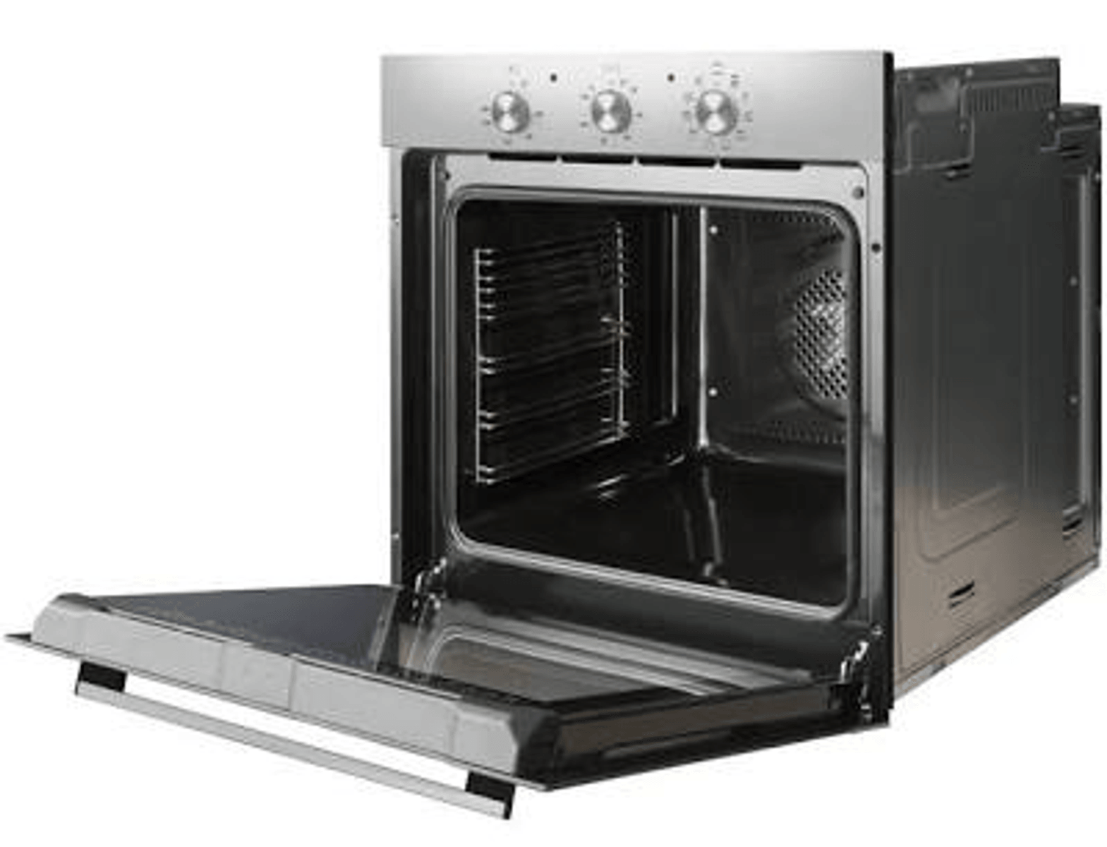 Un horno empotrado plateado con la puerta abierta, mostrando rejillas y mandos.