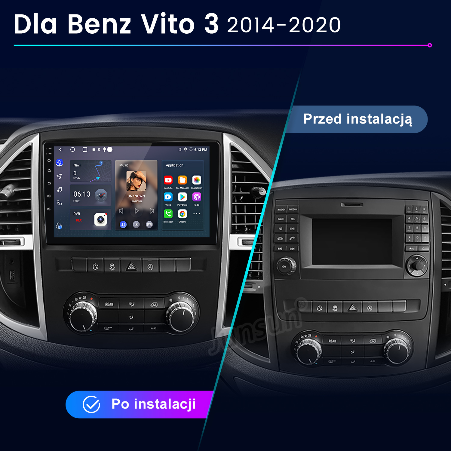 Porównanie przed i po montażu radia samochodowego Benz Vito 3: nowe po lewej, stare po prawej.