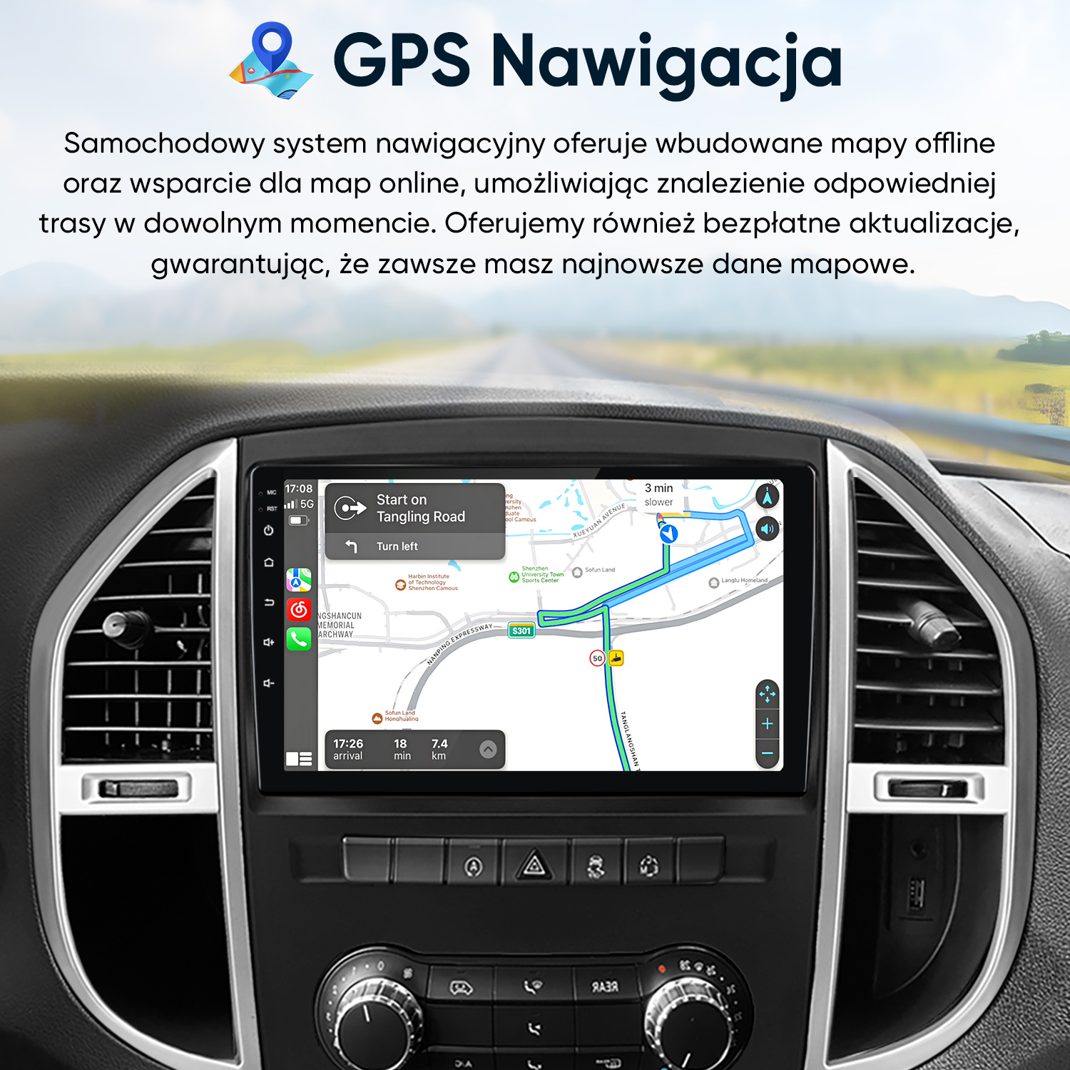 Samochodowy system nawigacyjny z mapami offline i online na ekranie dotykowym.