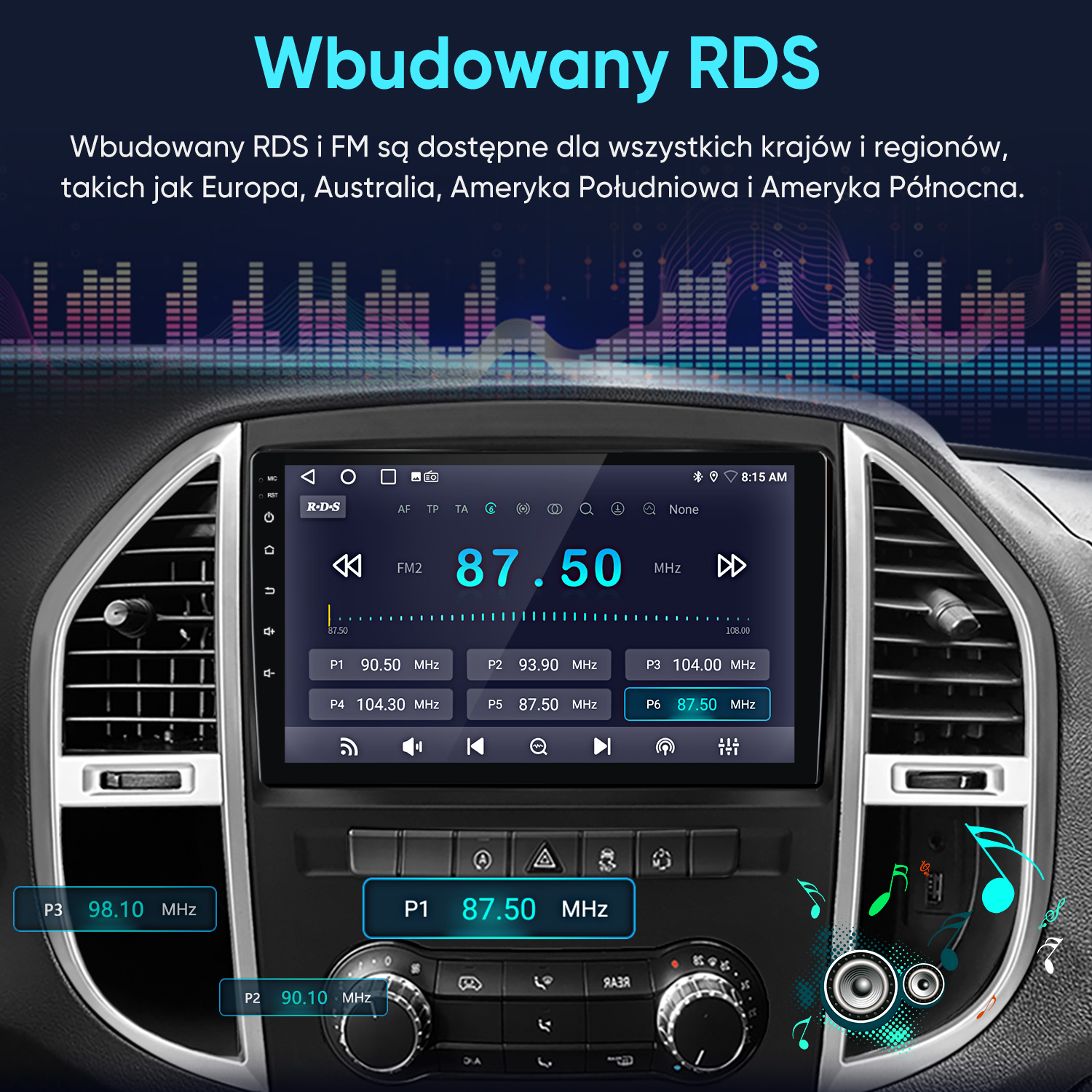 Deska rozdzielcza samochodu z radiem wyświetlającym RDS i częstotliwości FM.