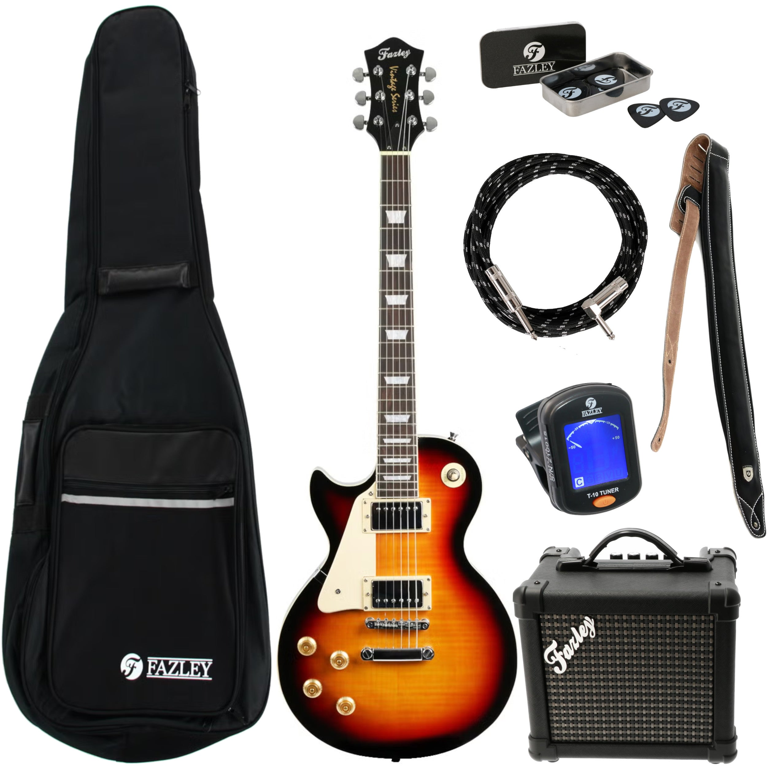 Een elektrische gitaar set met tas, gitaar, versterker, kabel, riem en tuner.
