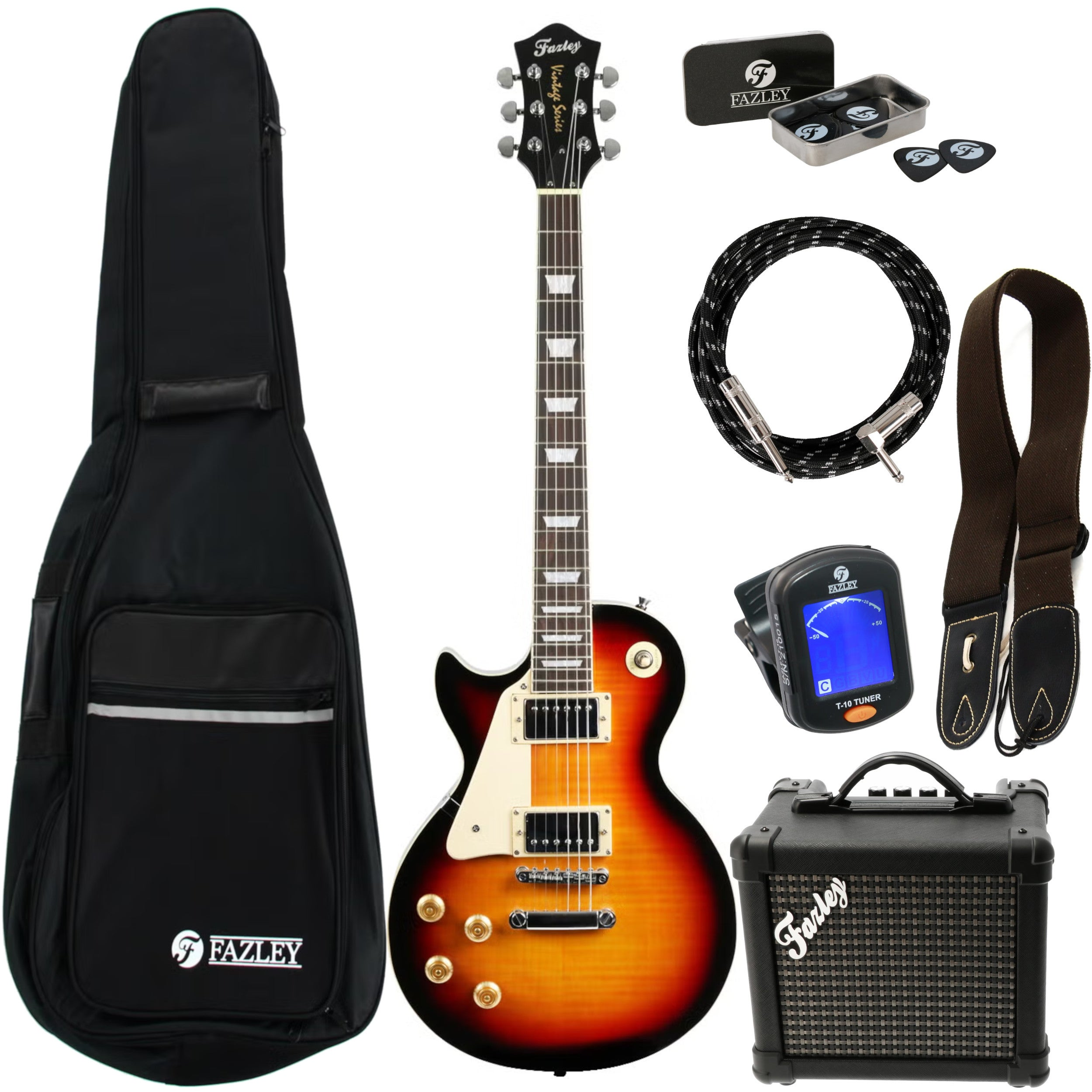 Een elektrische gitaarset met gitaar, tas, versterker, tuner, kabel en plectrums.