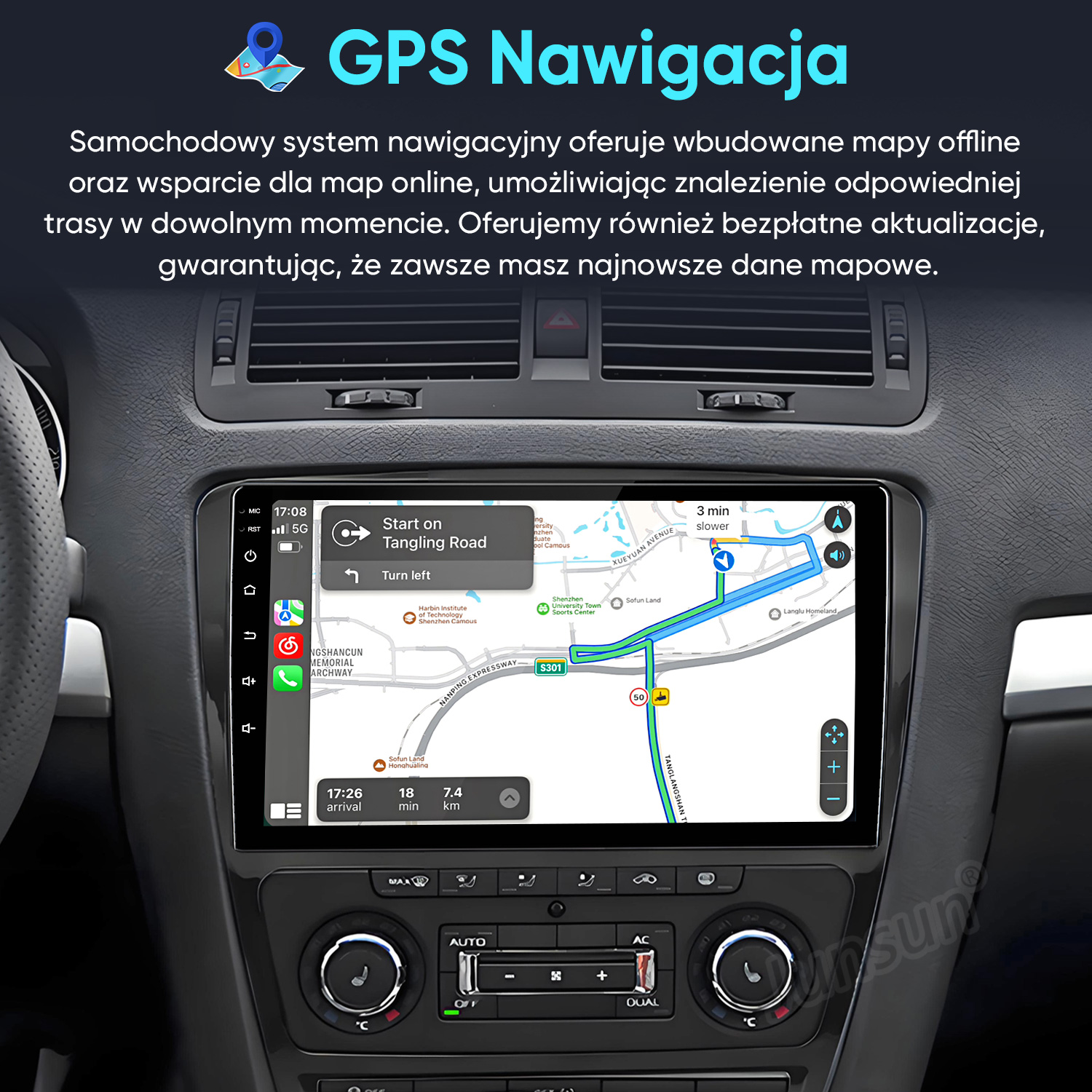 Deska rozdzielcza samochodu z nawigacją GPS pokazującą trasę Tangling Road.
