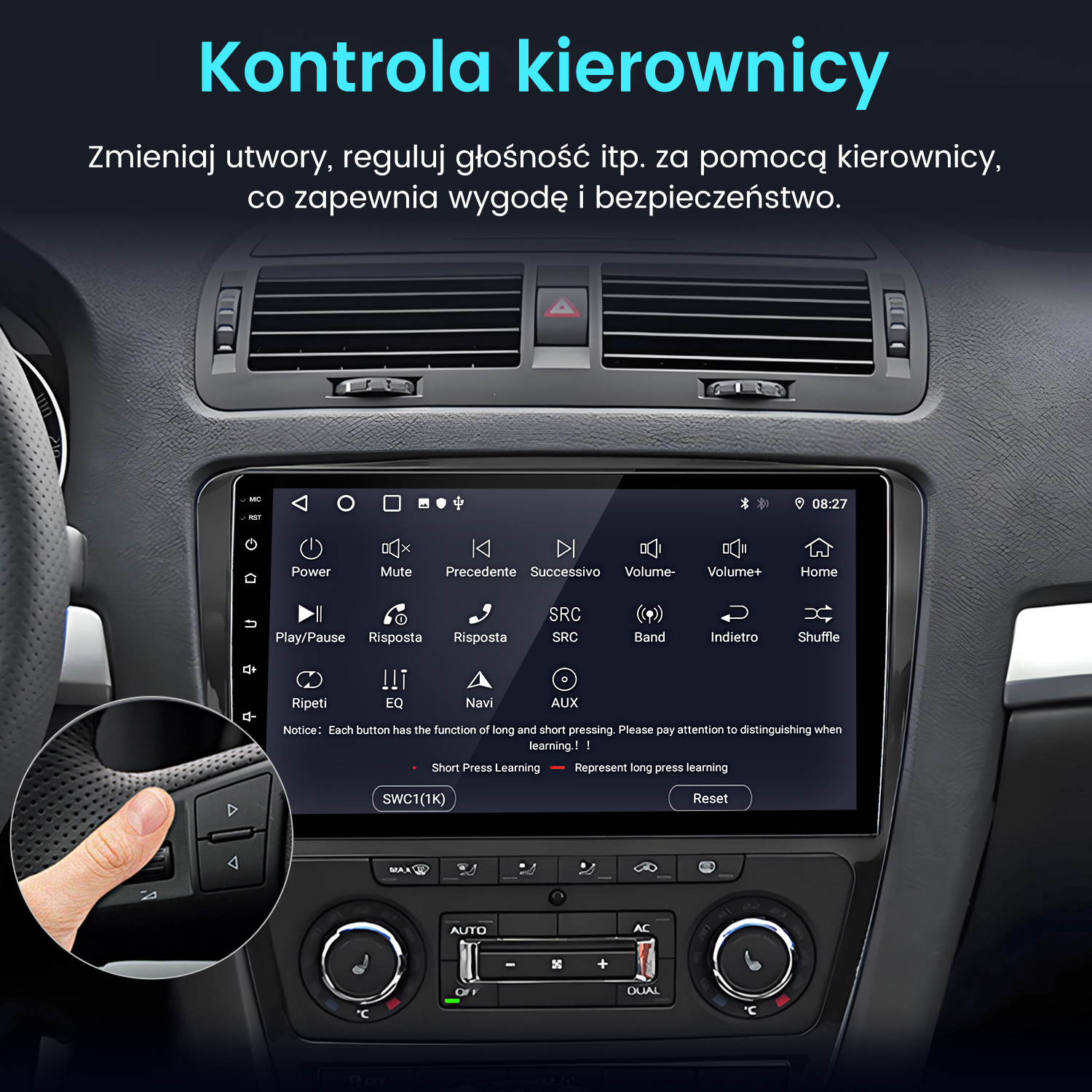Palec naciska przycisk na kierownicy. Radio samochodowe wyświetla wiele opcji.