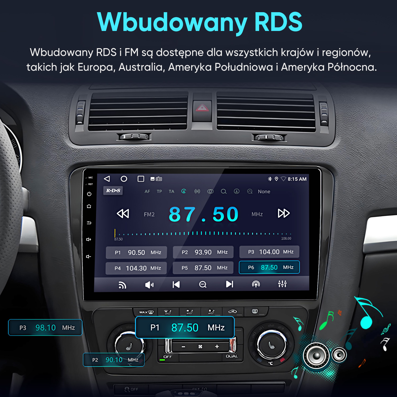 Cyfrowe radio samochodowe z wyświetlaczem RDS, pokazuje 87,50 MHz.