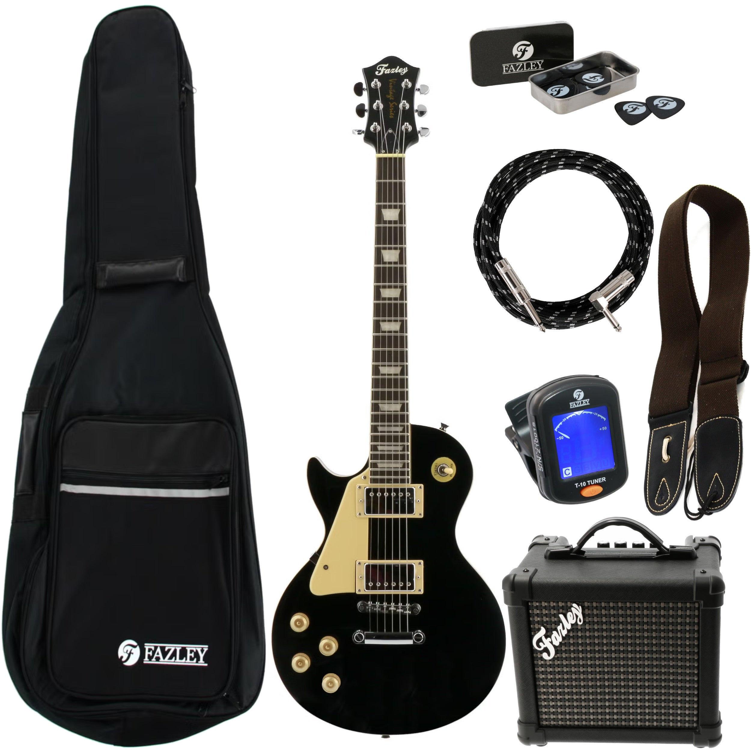 Zwarte gitaar met accessoires: tas, kabel, riem, tuner, versterker en plectrums.