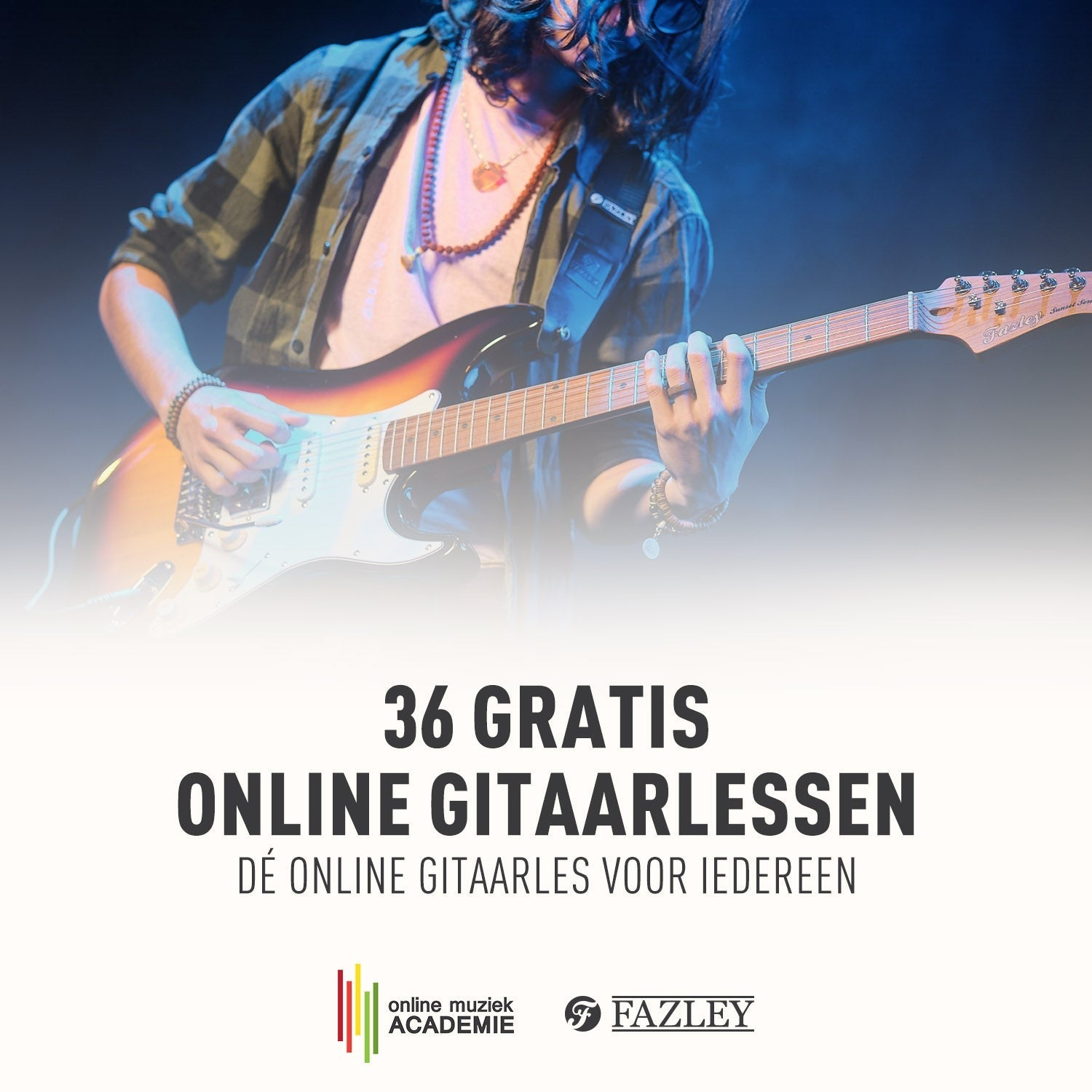 Man speelt elektrische gitaar, reclame voor 36 gratis online gitaarlessen.