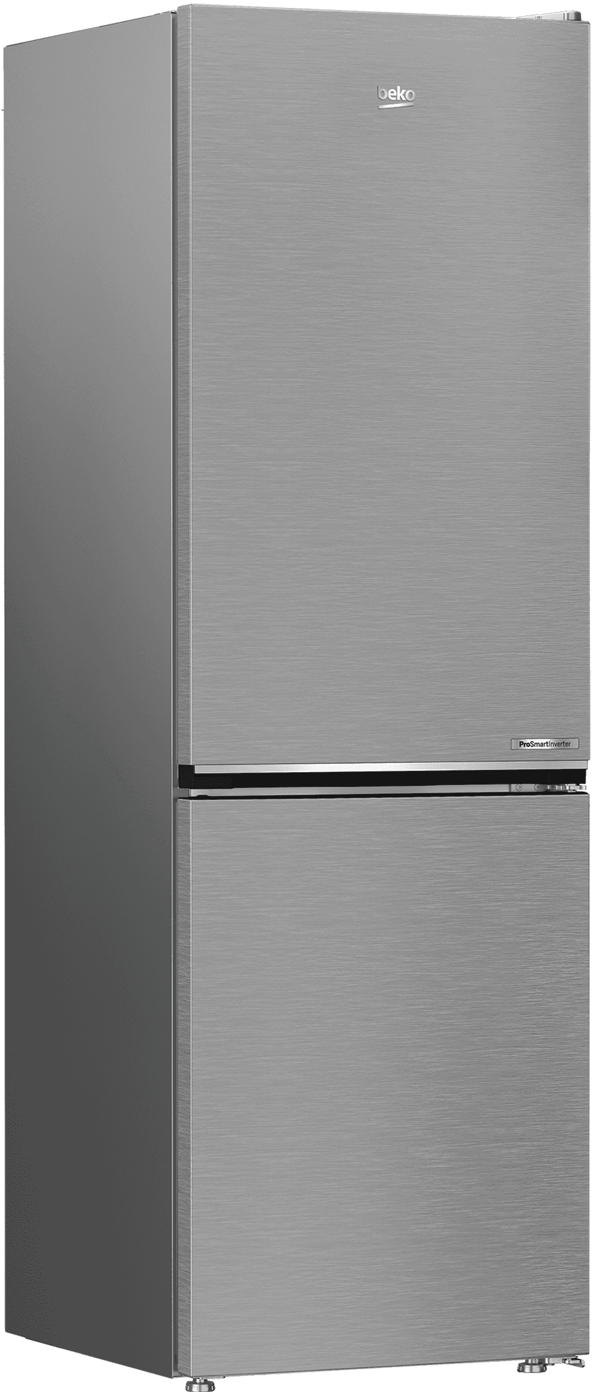 Un elegante refrigerador Beko plateado con acabado de metal cepillado.