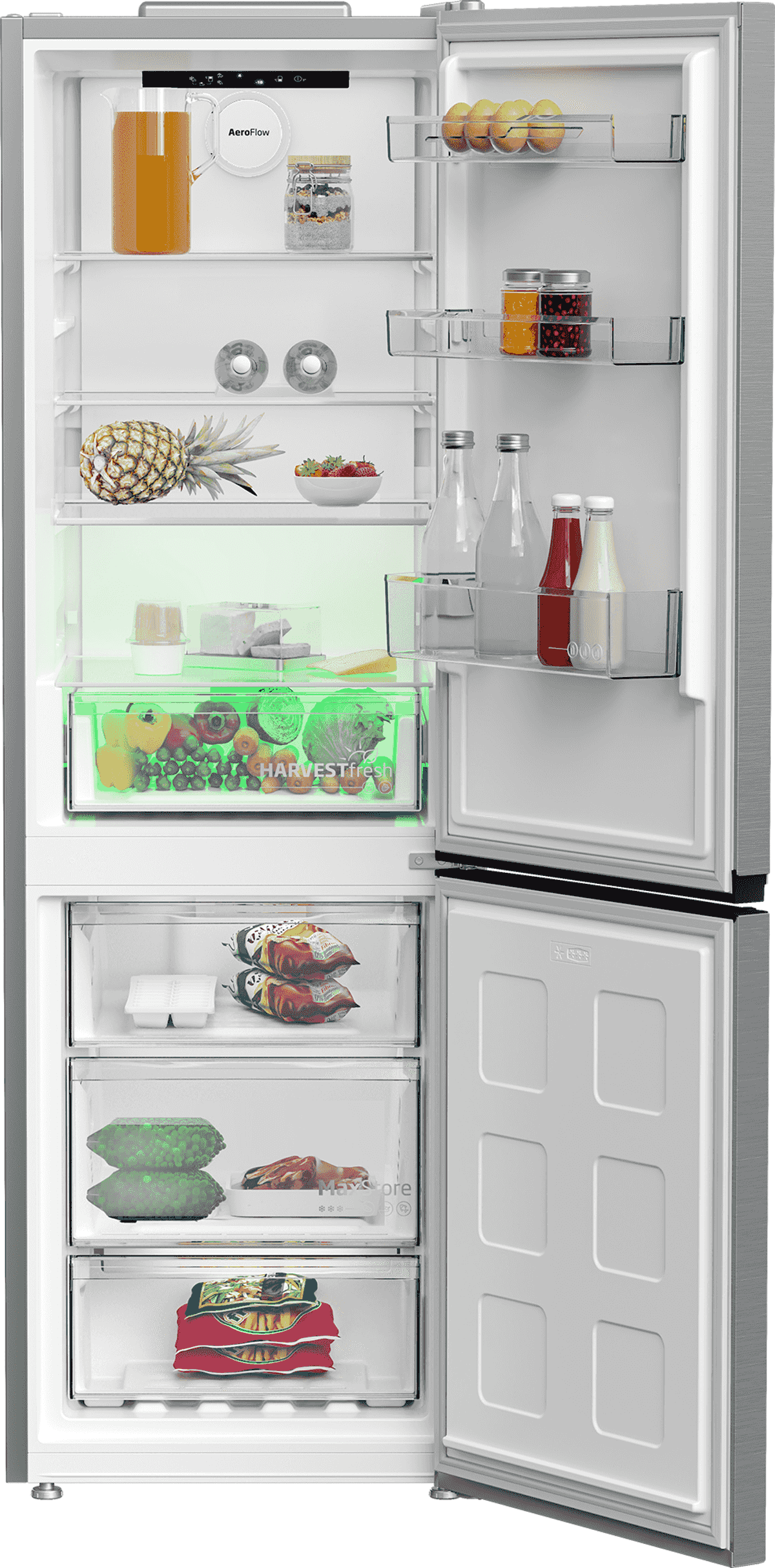 Refrigerador abierto con jugo, huevos, frutas, verduras, bebidas y comida congelada.