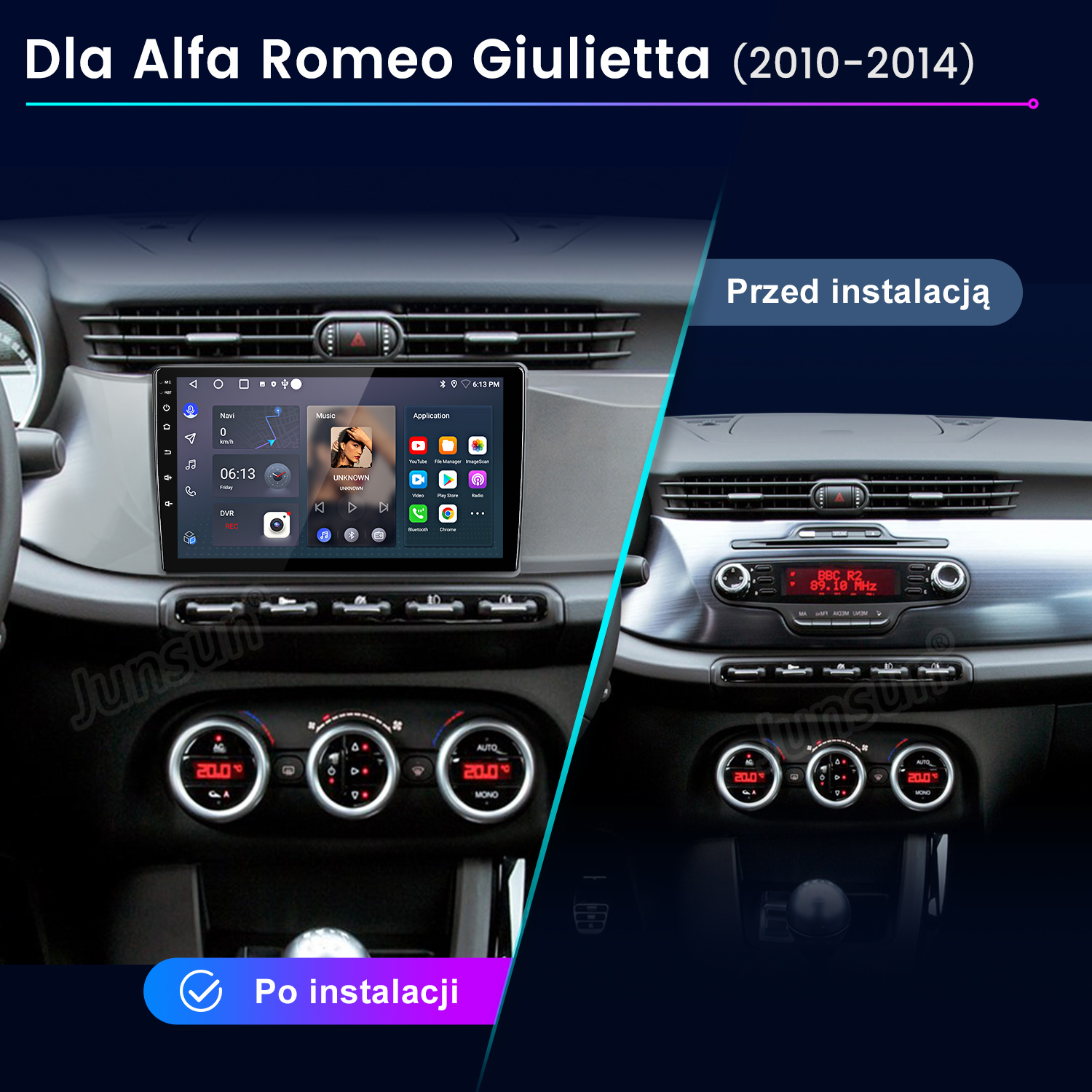 Porównanie deski rozdzielczej Alfa Romeo Giulietta przed i po instalacji nowego systemu infotainment.