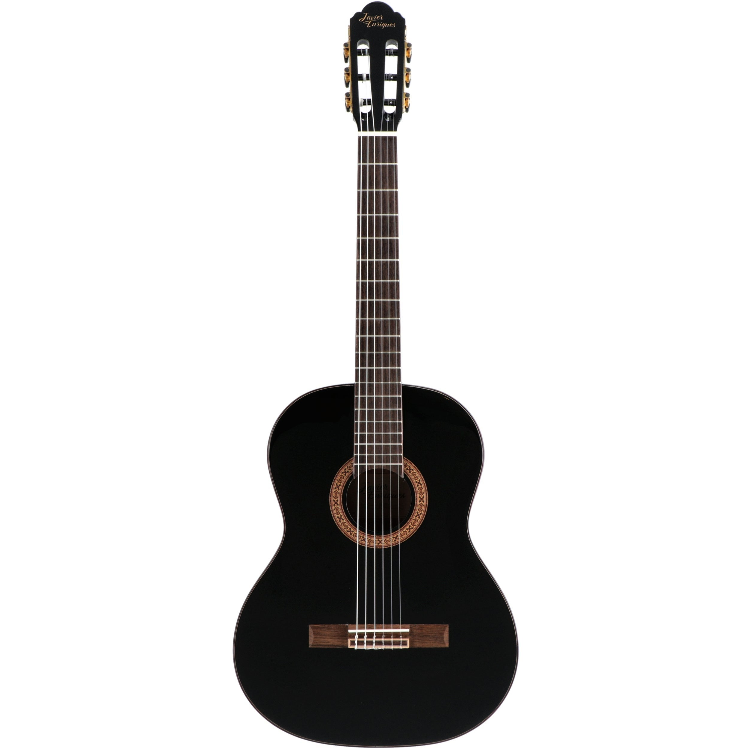 Een zwarte klassieke gitaar met zes snaren en gouden stemknoppen.