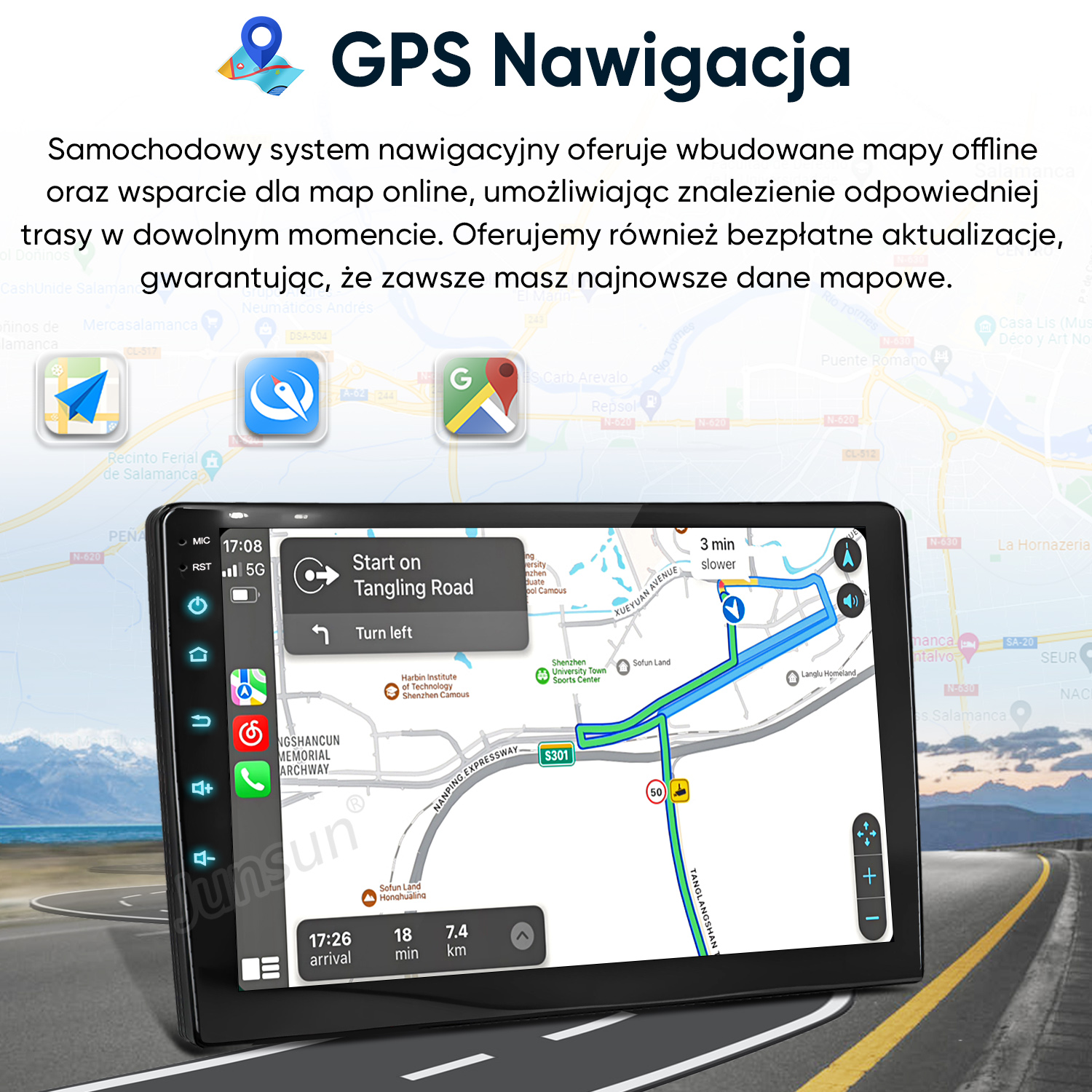 System nawigacji GPS z mapami na ekranie, wskazówkami trasy.