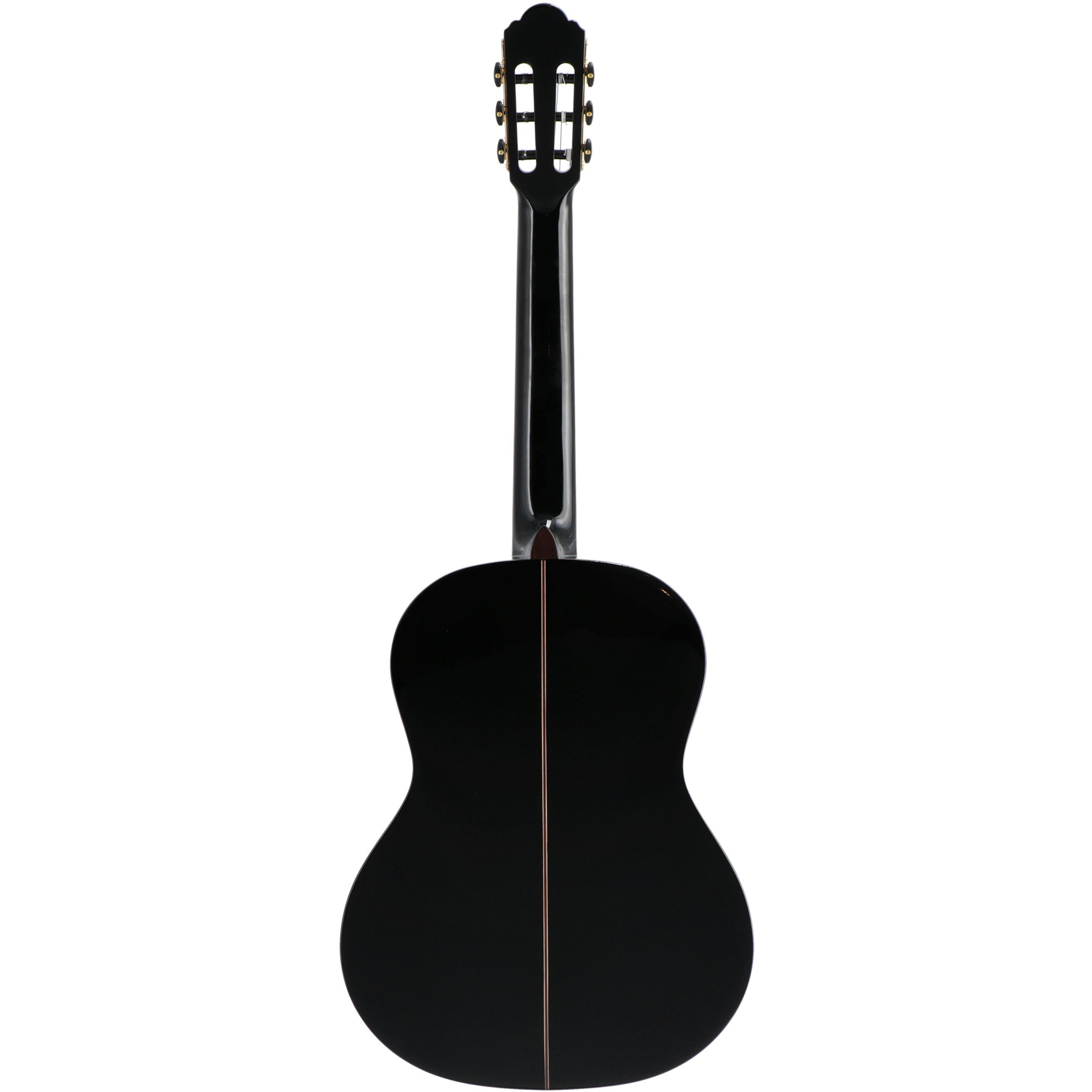 Achterkant van een zwarte gitaar, met hals en kop.