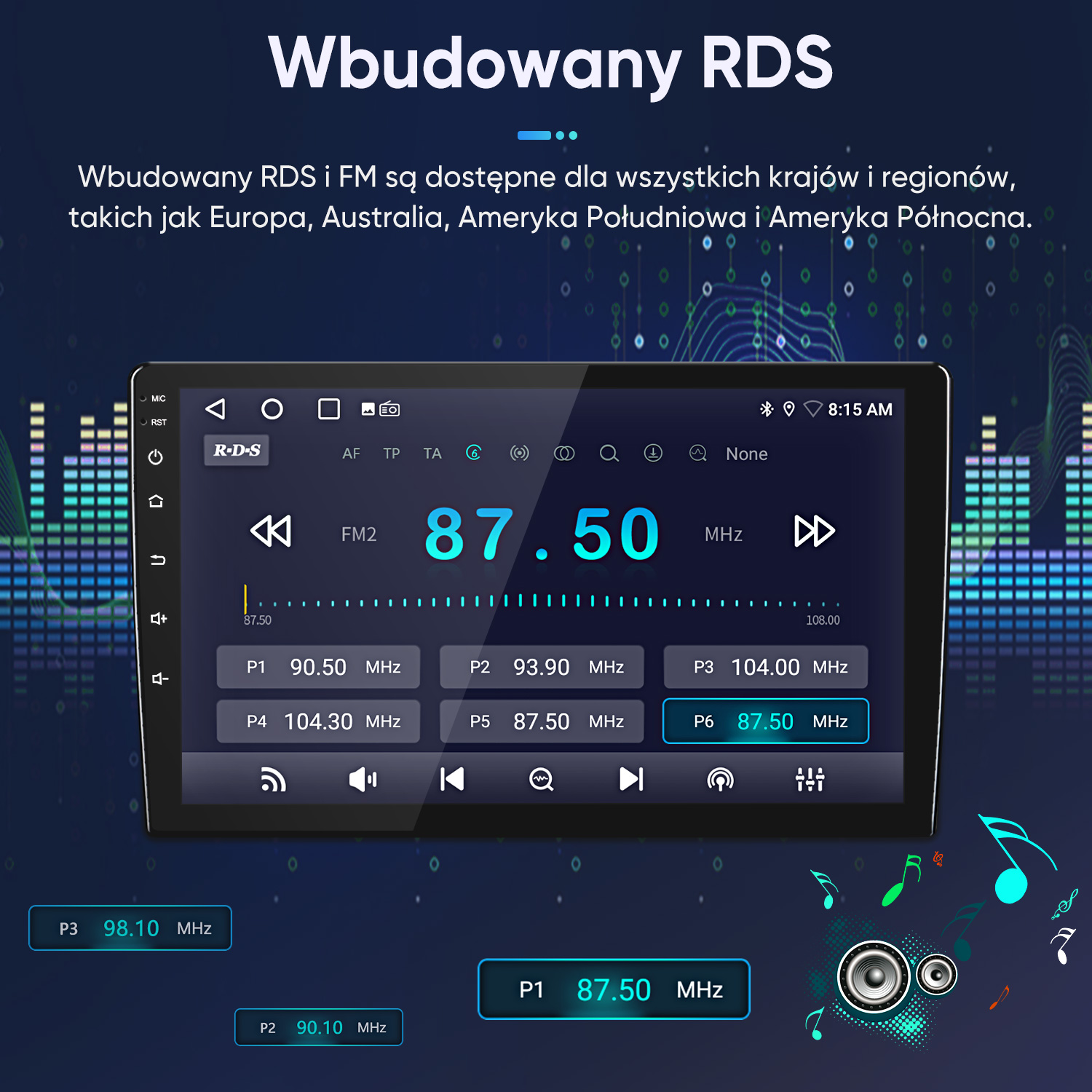Wyświetlacz radia samochodowego pokazuje FM2 na 87,50 MHz i zapisane stacje.