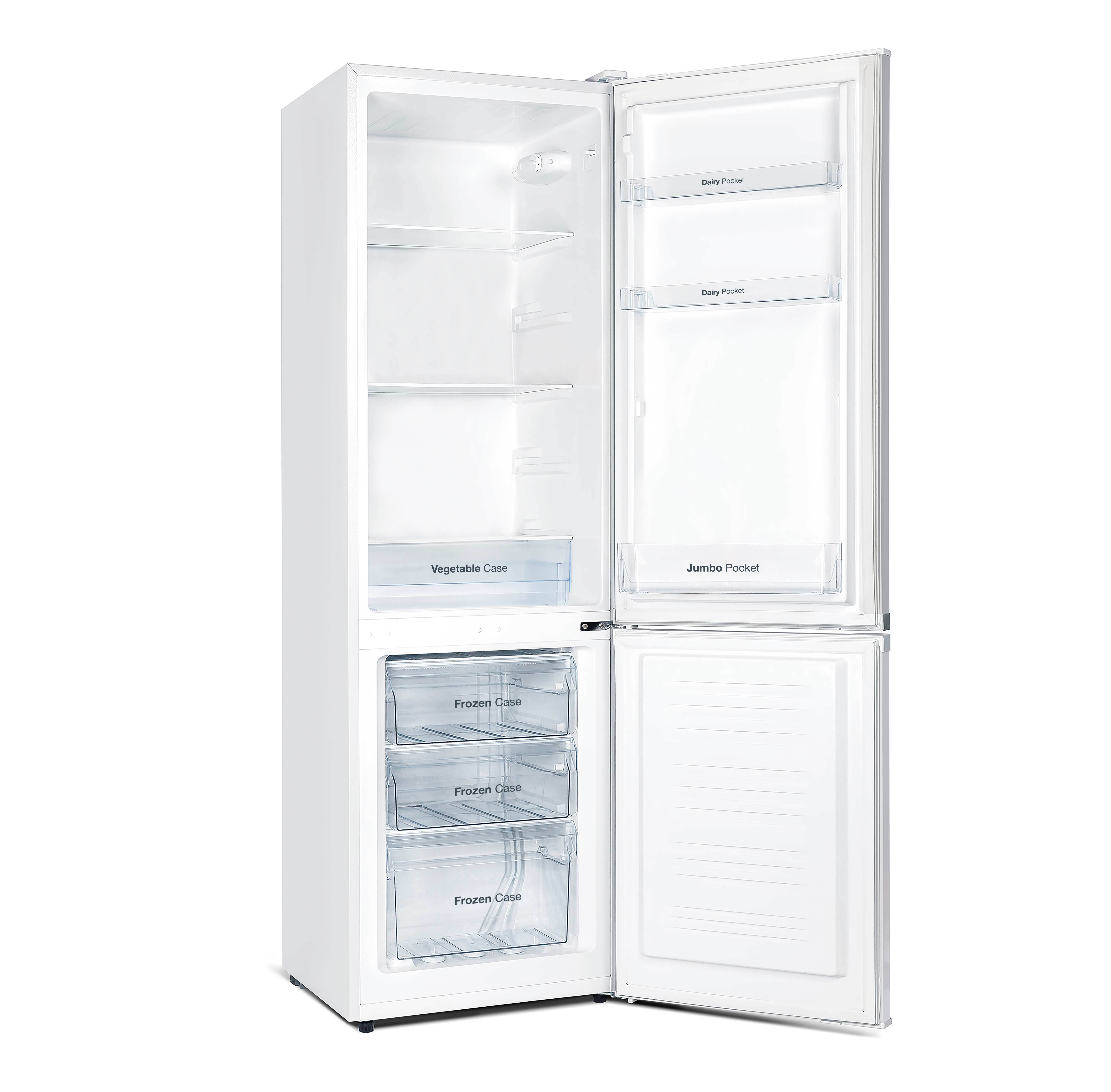 Un refrigerador blanco con la puerta abierta, mostrando estantes, una gaveta para verduras y gavetas congeladas.