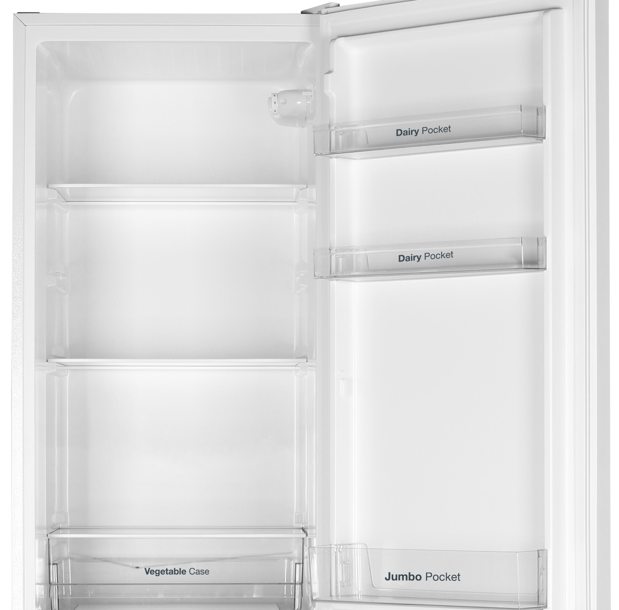 Un refrigerador blanco vacío con estantes y compartimentos.
