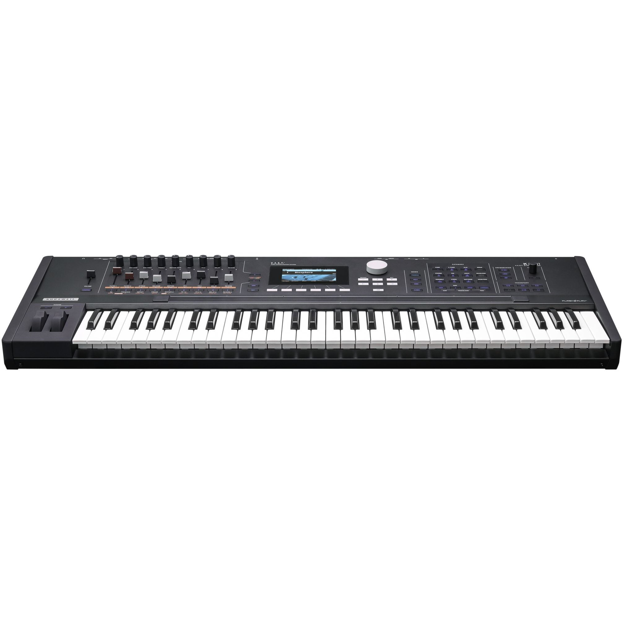 Een zwart Kurzweil synthesizer keyboard met veel knoppen, draaiknoppen en een scherm.