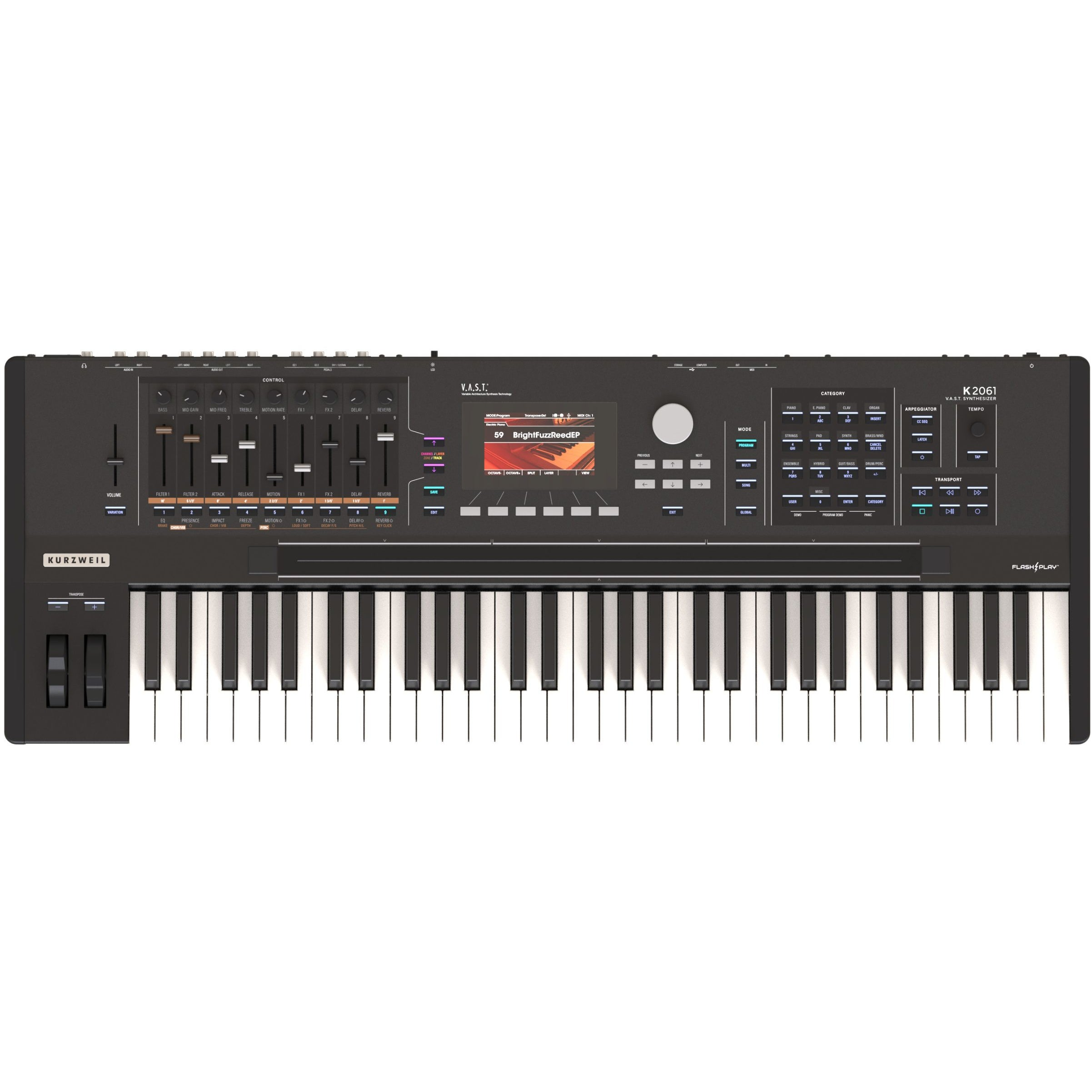 Een zwart Kurzweil K2061 synthesizer keyboard met toetsen en bedieningsknoppen.