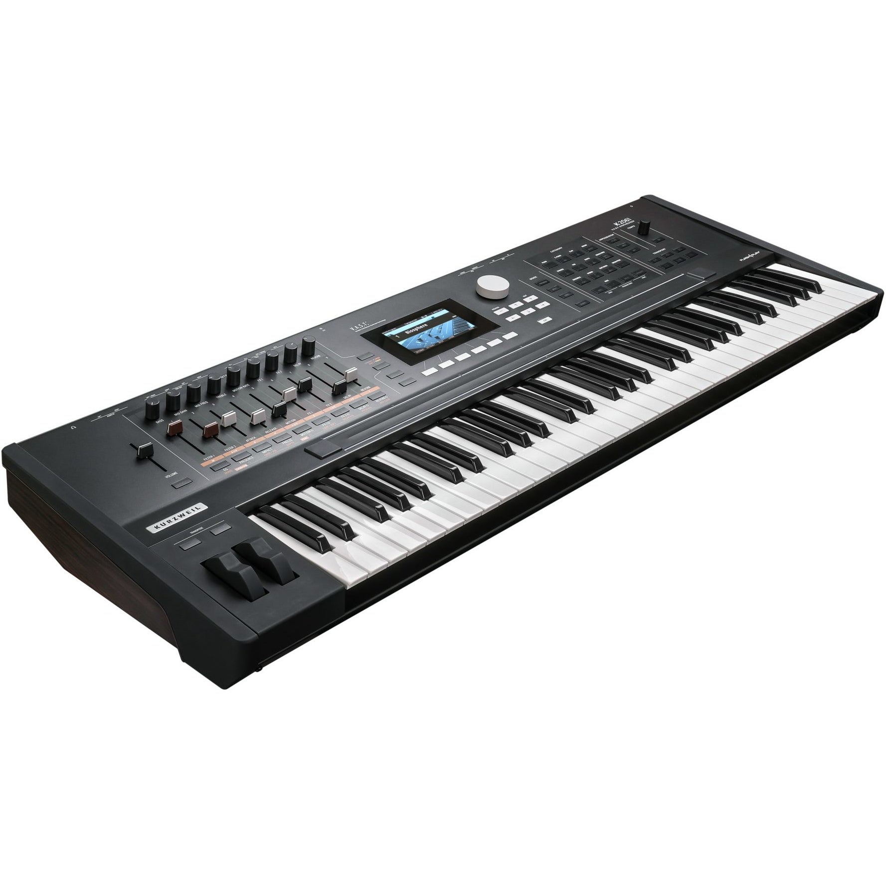 Een zwart Kurzweil digitaal keyboard met houten accenten en veel bedieningsknoppen.