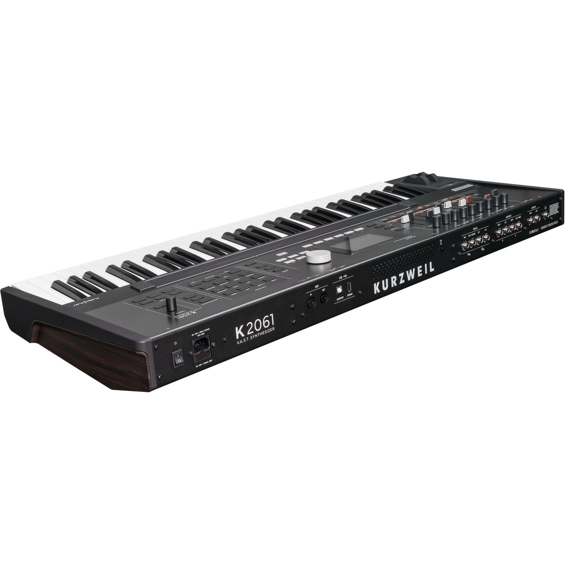 Een zwarte Kurzweil K2061 V.A.S.T. synthesizer met witte toetsen.