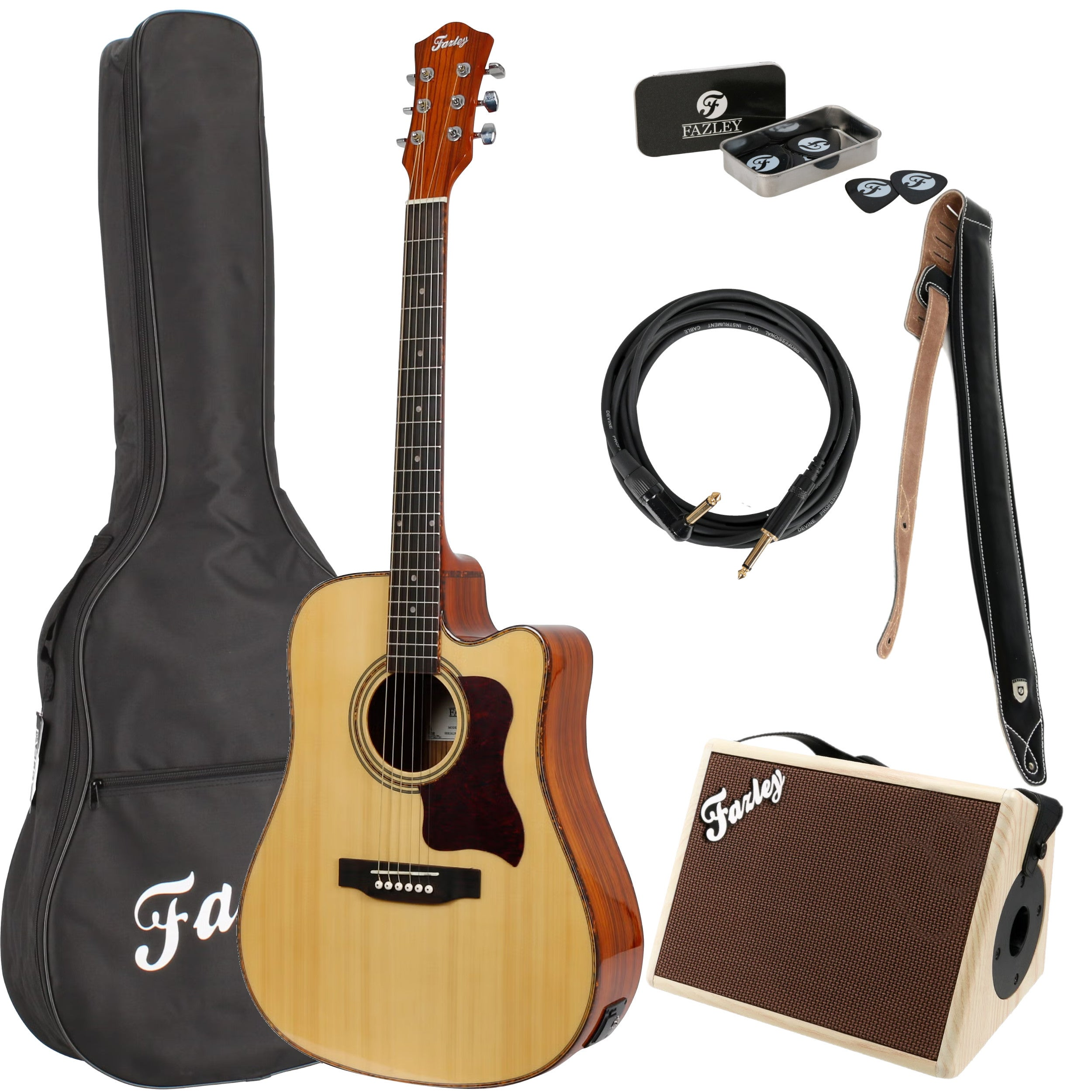 Acoustic guitar with bag, amplifier, cable, strap, and picks.