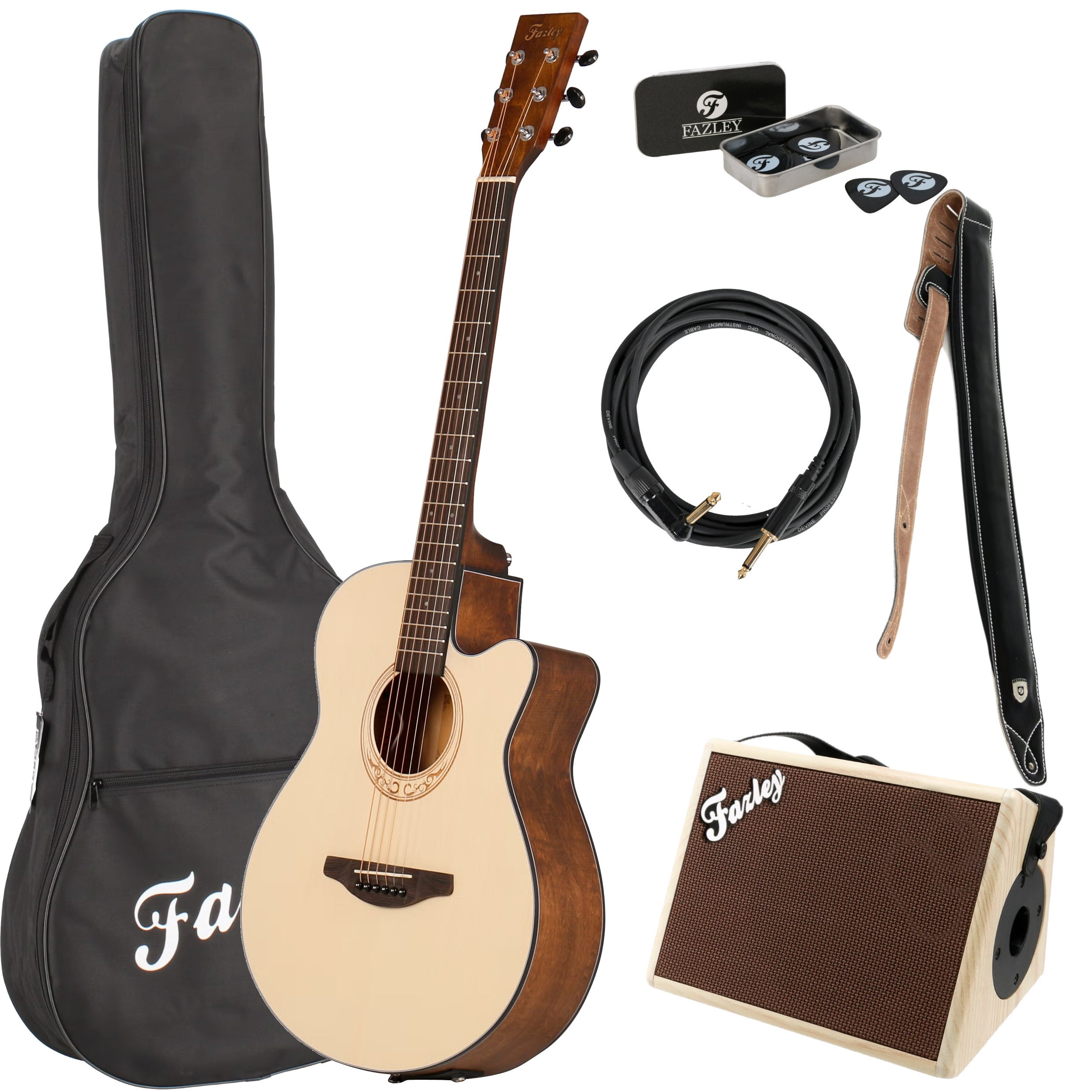 Acoustic guitar with bag, cable, picks, strap, and small amplifier.