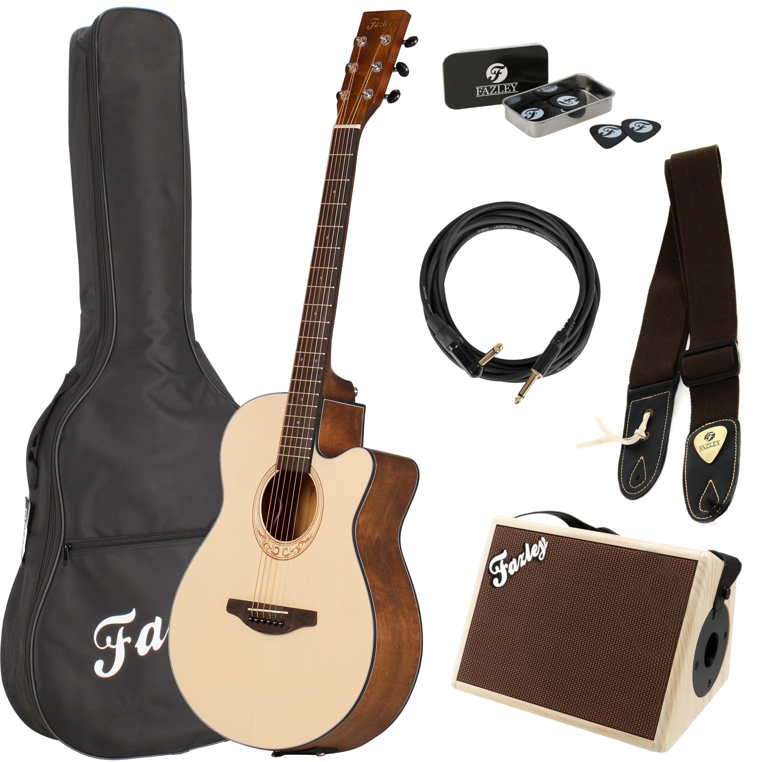 Acoustic guitar with case, amp, strap, cable, and picks. Guitar is light wood.