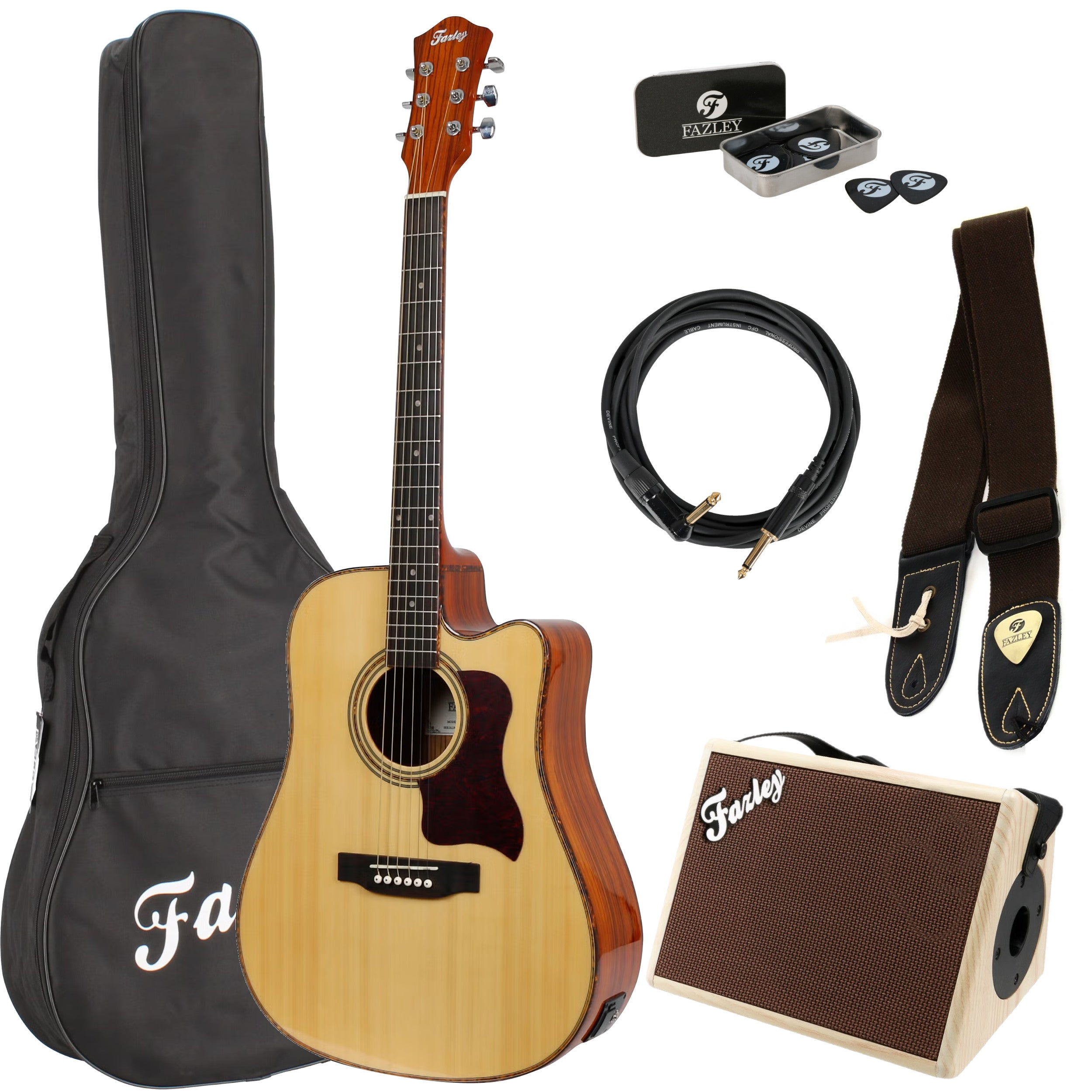 Acoustic guitar set with guitar, bag, amplifier, cable, and picks.