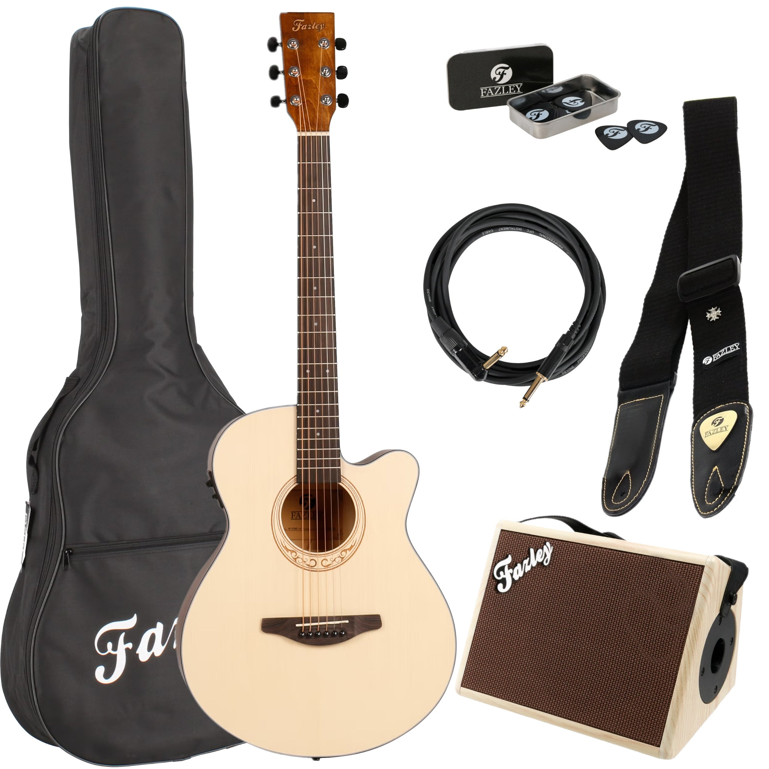 Acoustic guitar with case, amp, cable, strap, and picks. Wood and black.