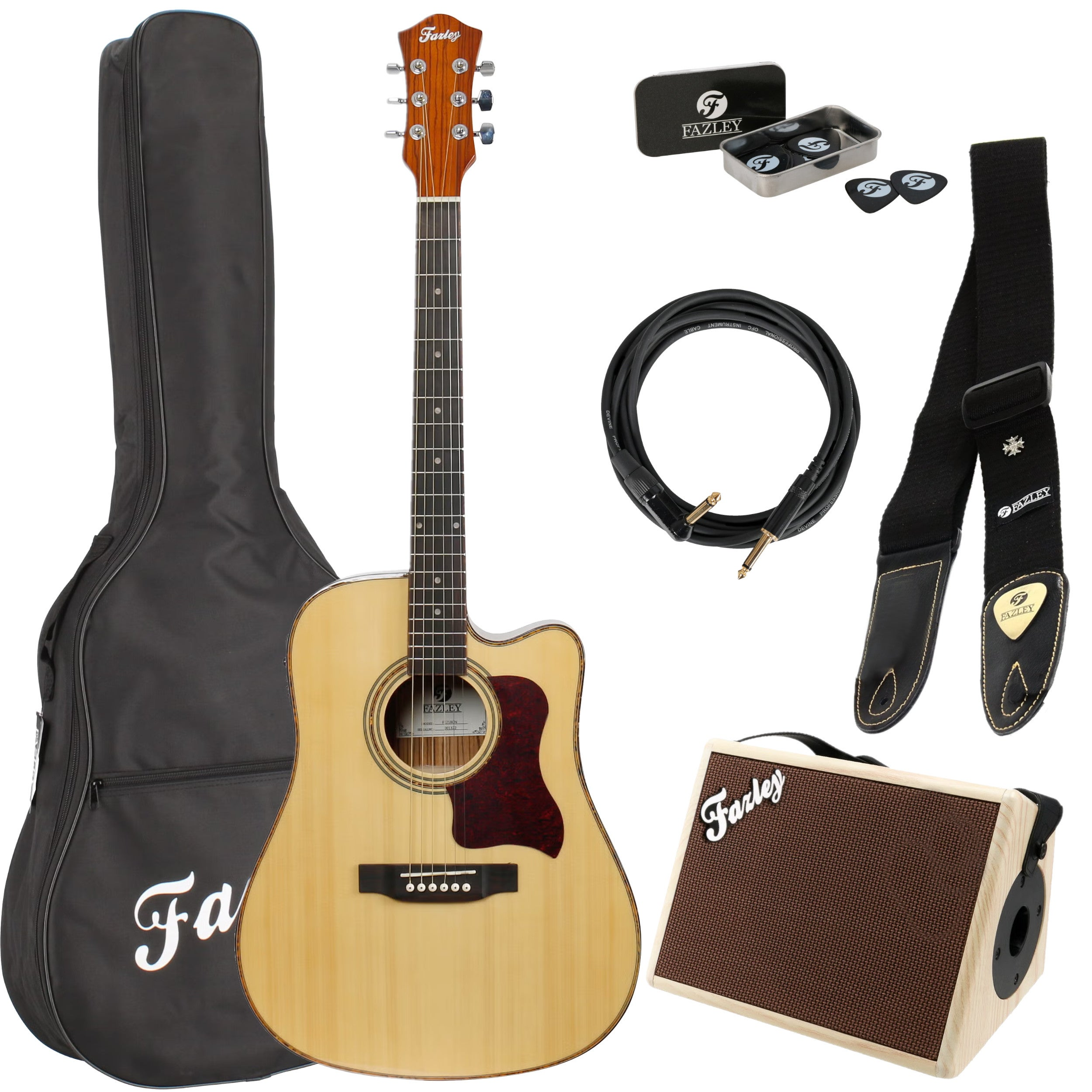 Acoustic guitar set including guitar, gig bag, amplifier, cable and picks.