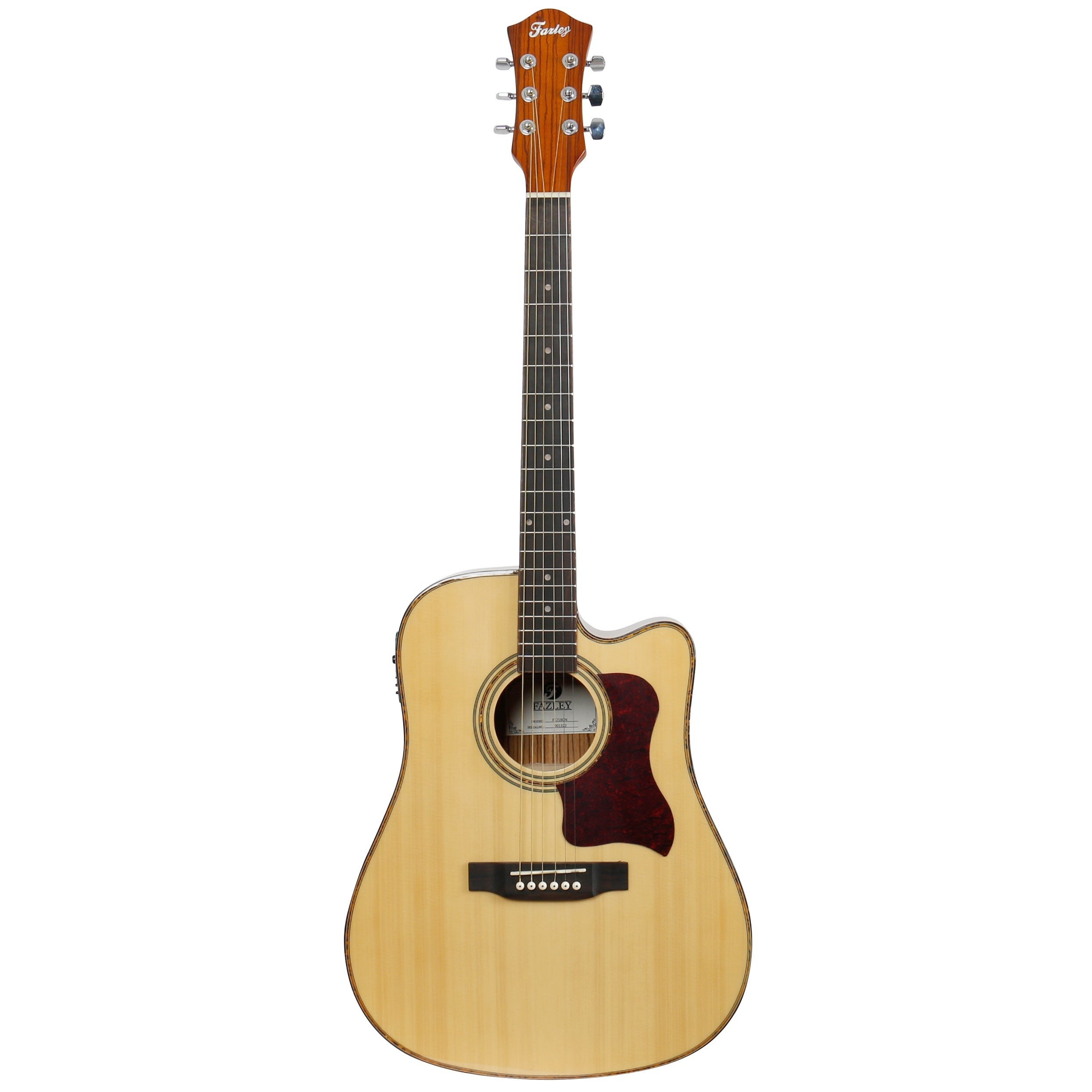 A light-colored acoustic guitar with a tortoiseshell pickguard and six strings on a white background.