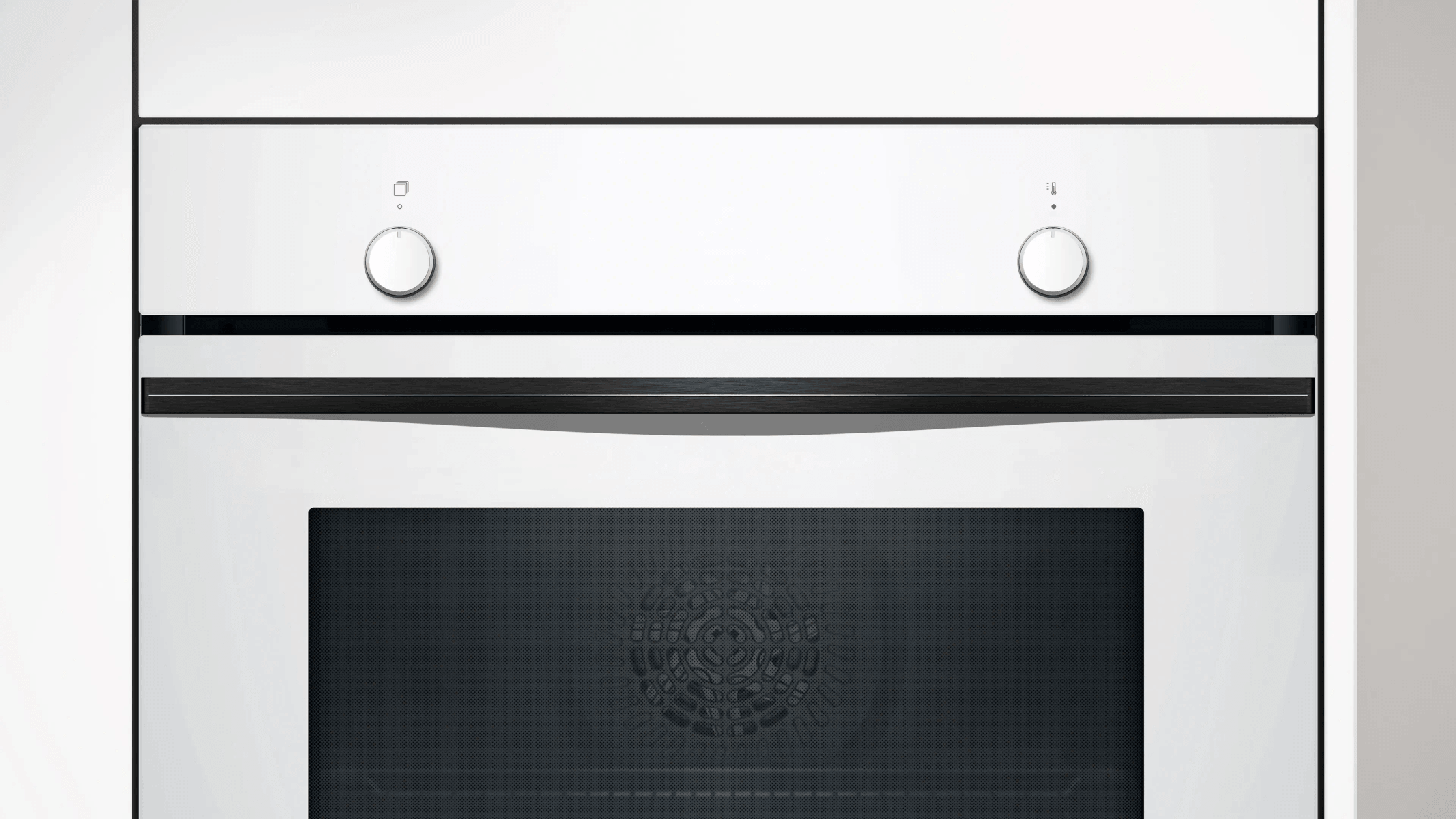 Horno empotrado blanco con dos mandos y ventana de visualización.