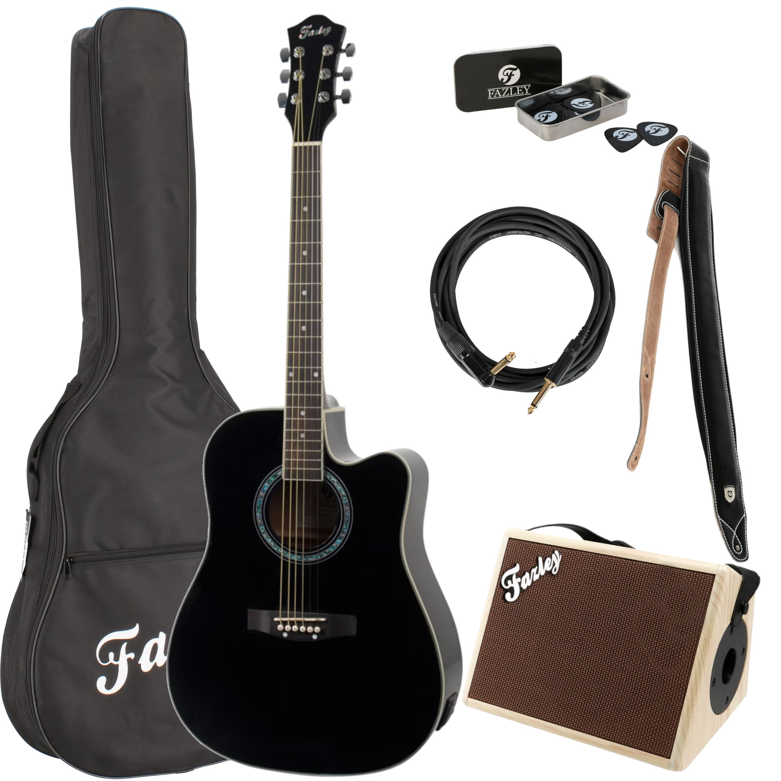 Black electric guitar with gig bag, cable, picks, strap, and small amplifier.
