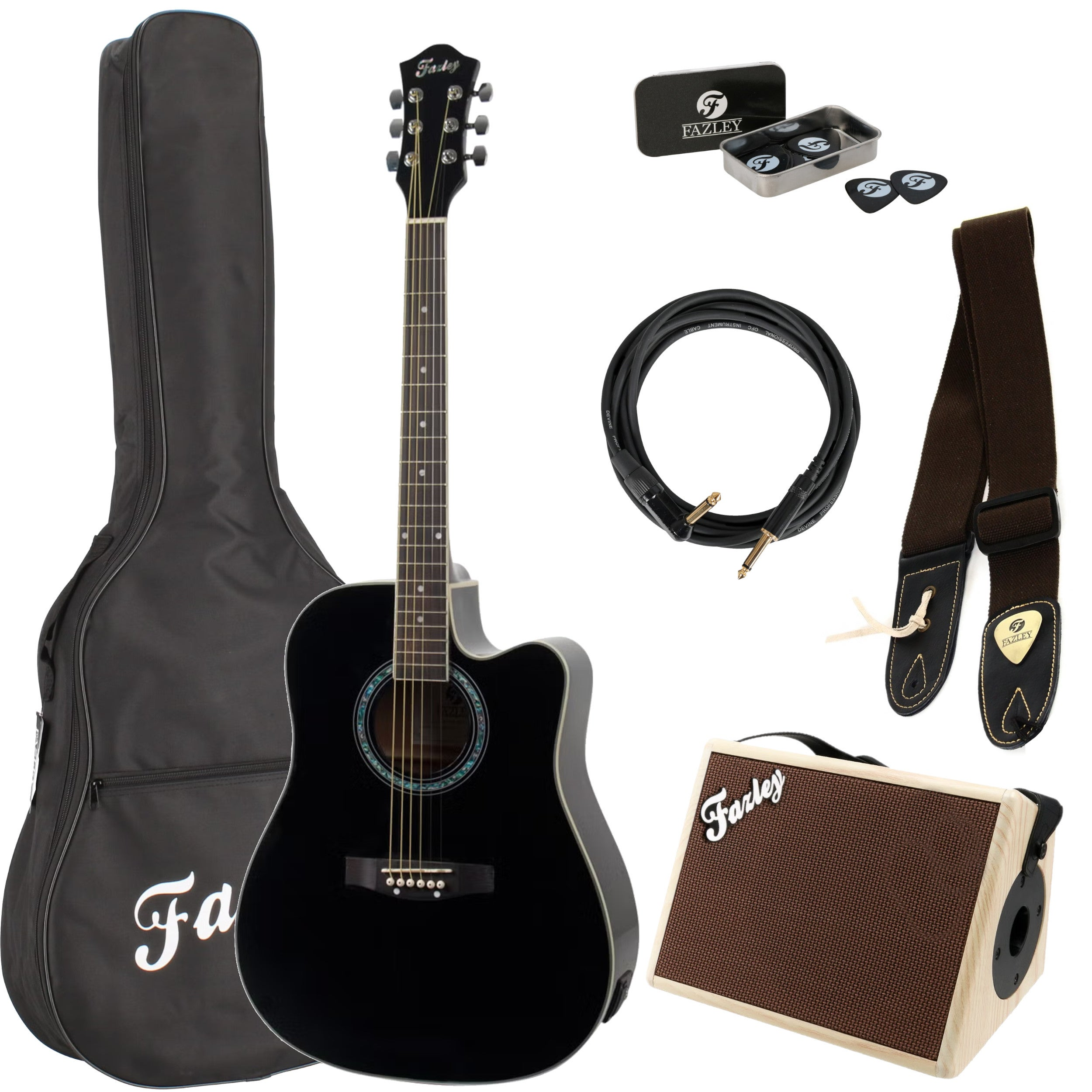 Black acoustic guitar with accessories: case, cable, strap, picks, and amplifier.