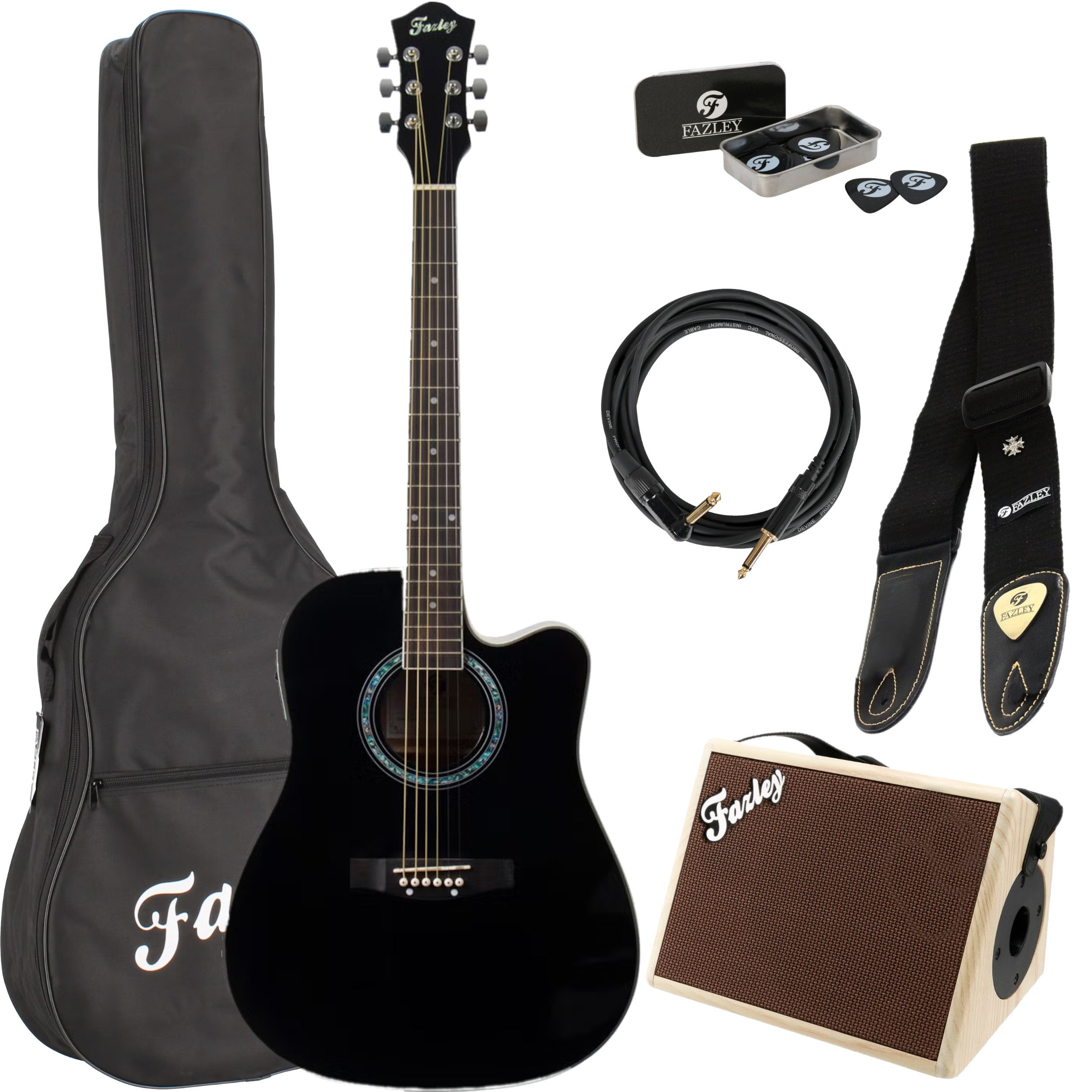 A black acoustic guitar set with a case, cable, strap, and amplifier.