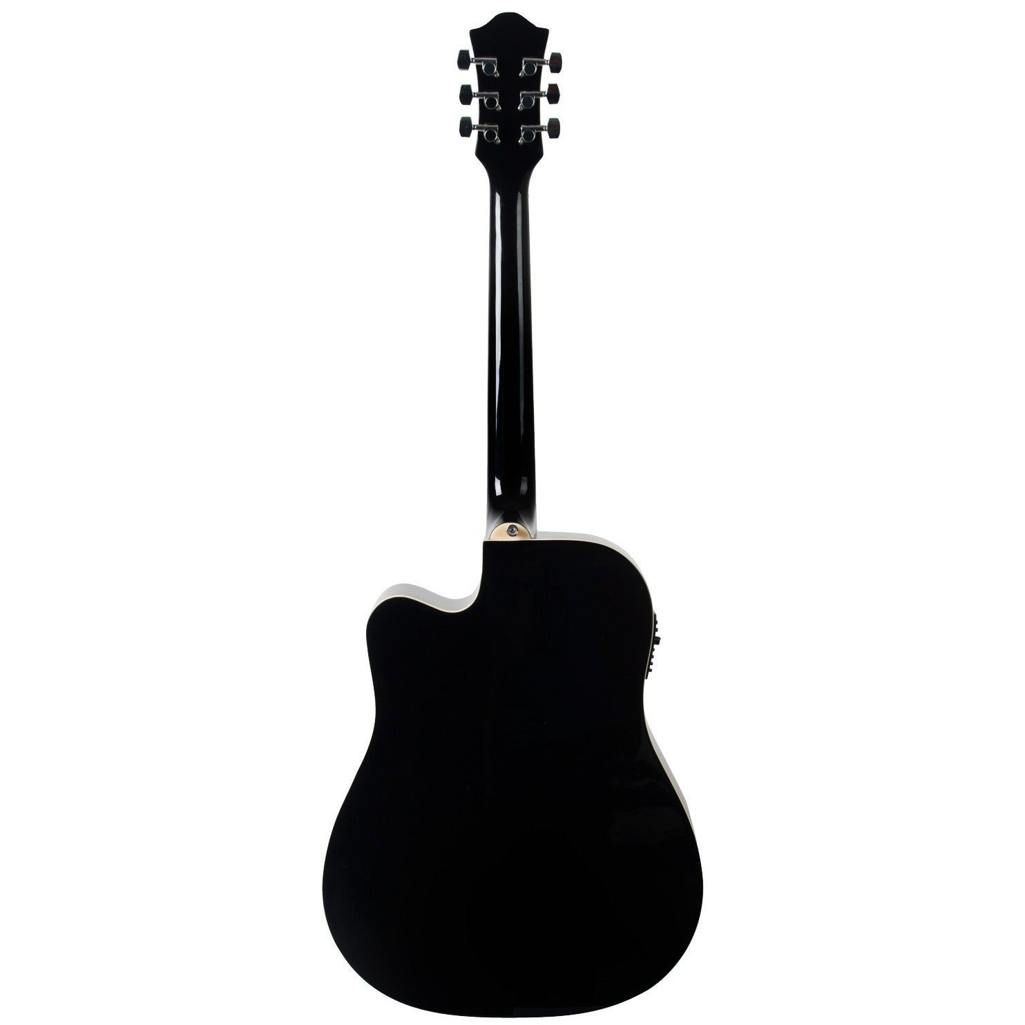 A black acoustic guitar with six strings and a cutaway.