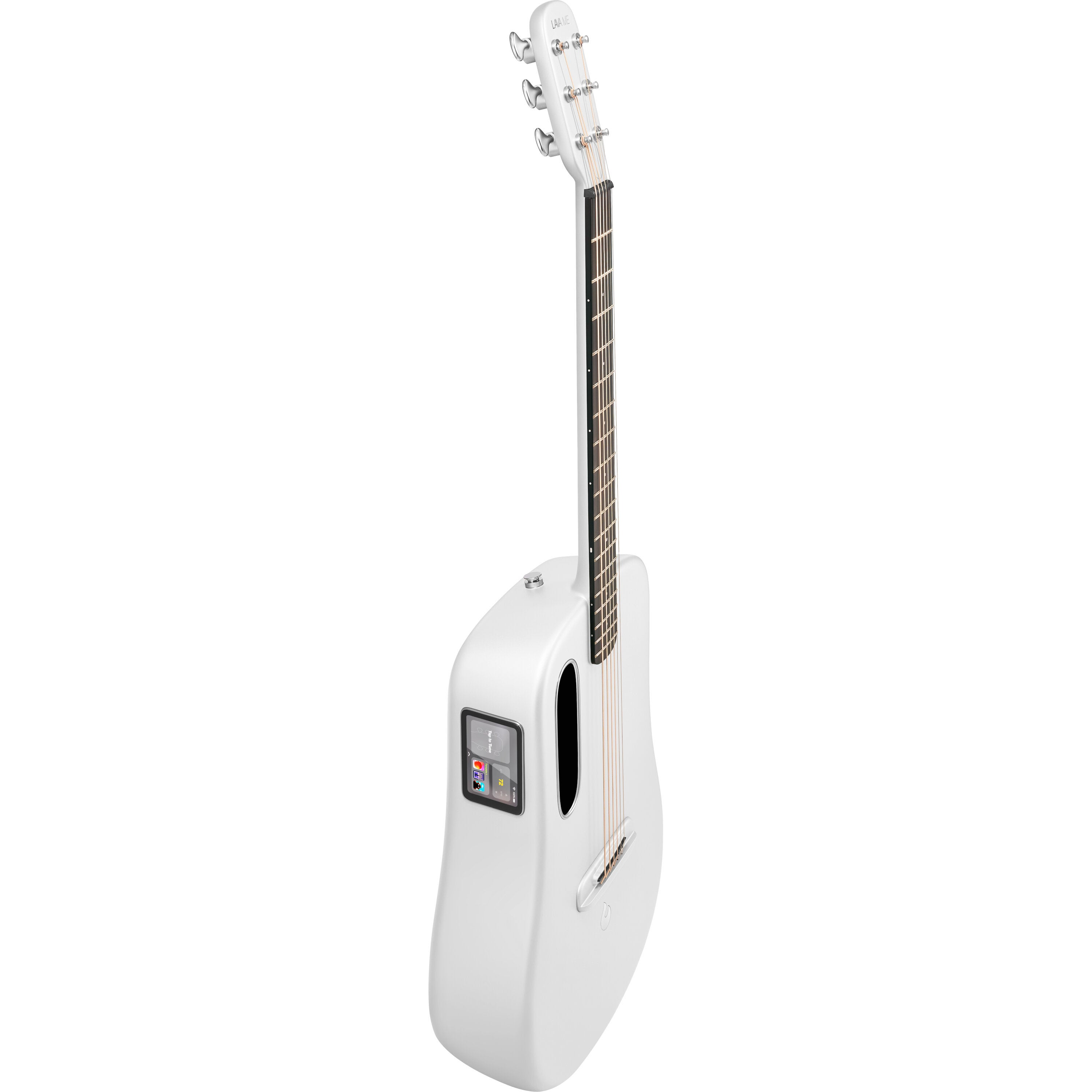 Gümüş burgulu, siyah perdeli beyaz bir elektro gitar.