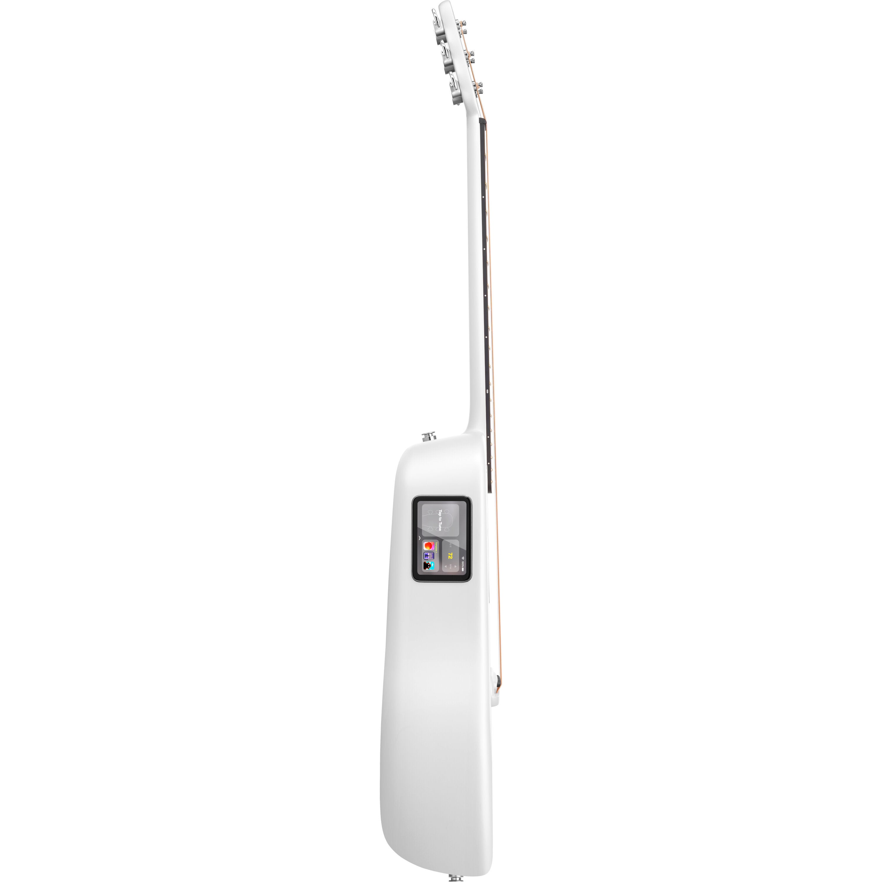 Yan tarafında entegre dokunmatik ekranı olan beyaz bir elektro gitar.