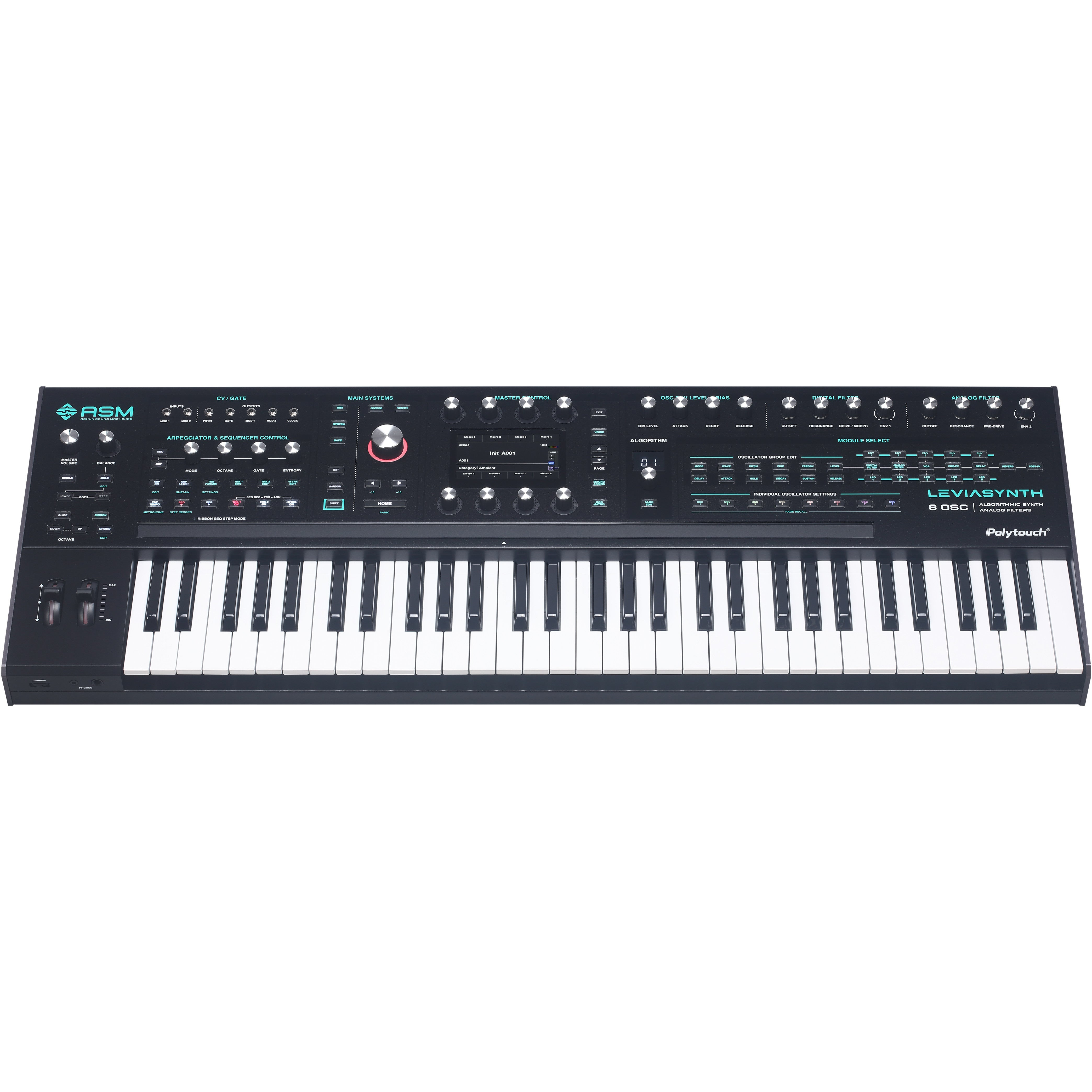 A black polyphonic synthesizer with a keyboard, knobs, and screen. ASM Leviasynth.