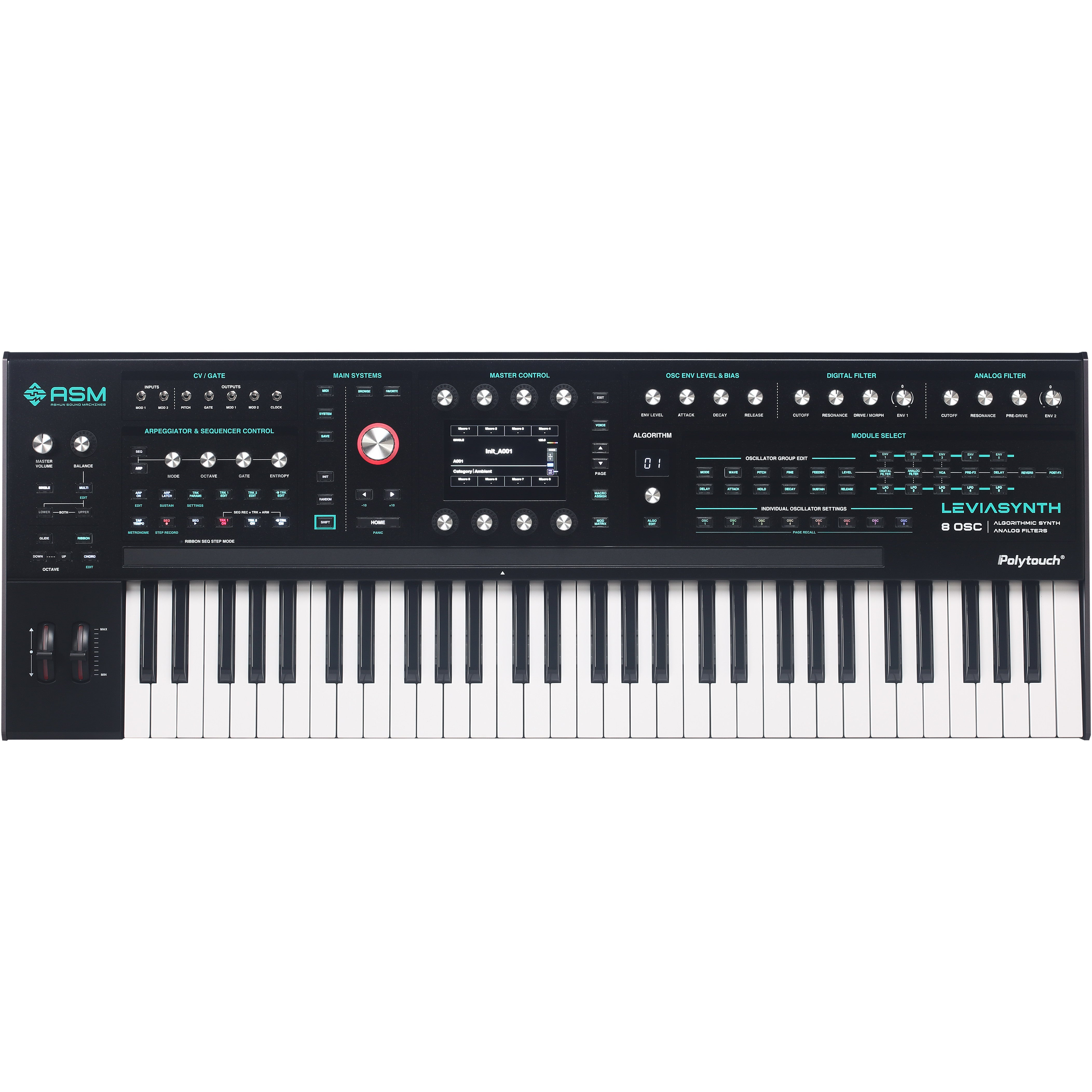 A black digital keyboard with numerous knobs, sliders, and a keyboard.