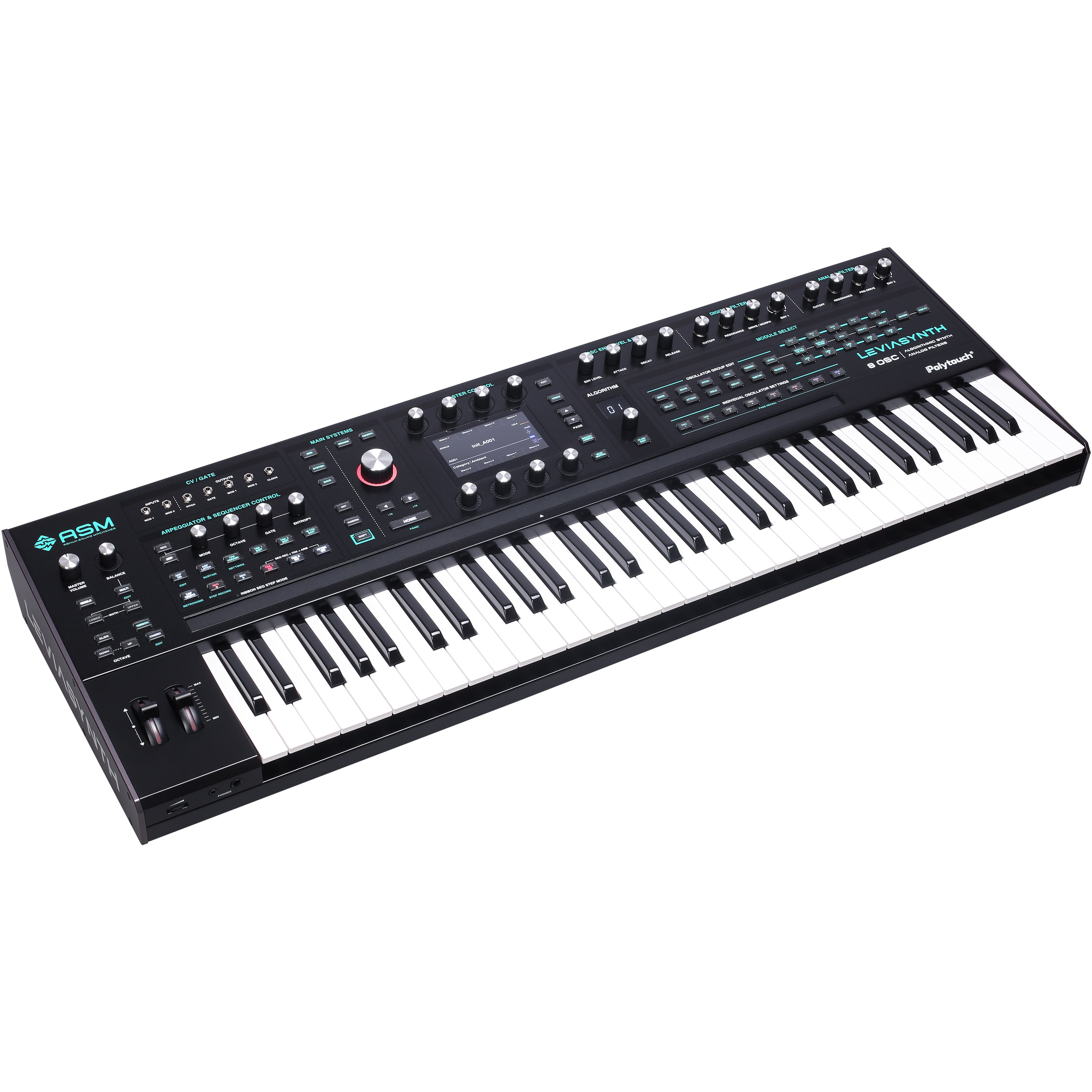A black ASM LEVIASYNTH 8 OSC Algorithmic Synth with a keyboard and many knobs and buttons.